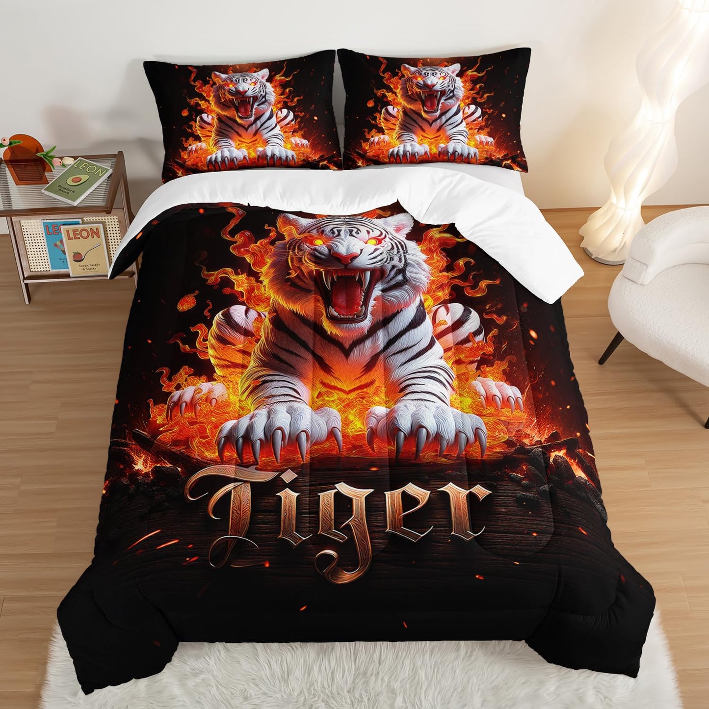UEVBF Fierce White Tiger Comforter Set Queen Size,Wild Animal Themed Bedding Sets for Kids Adults Boys Room Decor,Tigers with Flame Bed in a Bag Queen with 2 Pillowcases.