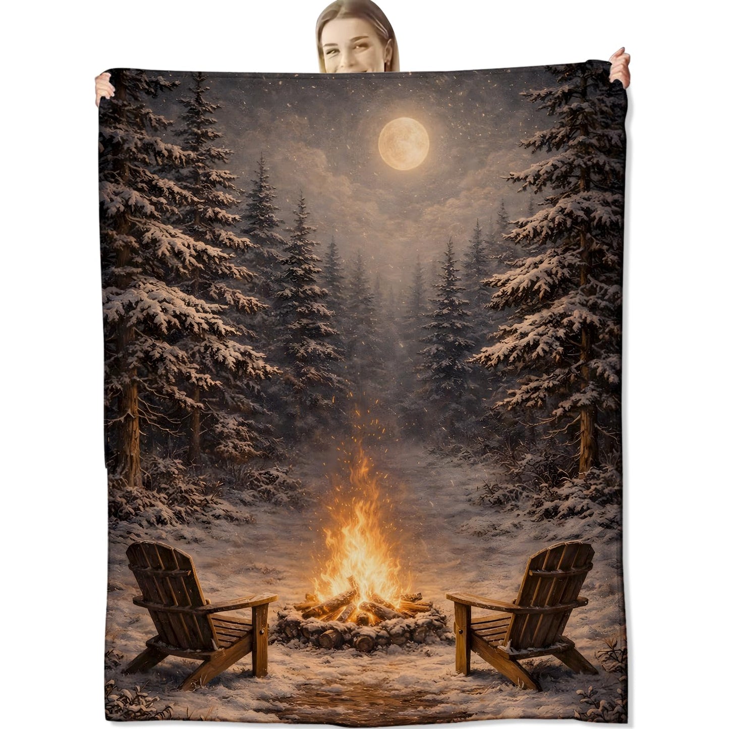cromcu Winter Campfire Blanket Soft Lightweight, Snowy Forest Moonlight Flannel Throw Blankets for Bed Sofa Office RV Travel Home Bedroom Rustic Decor, Camping Lovers Gifts 60"X50"