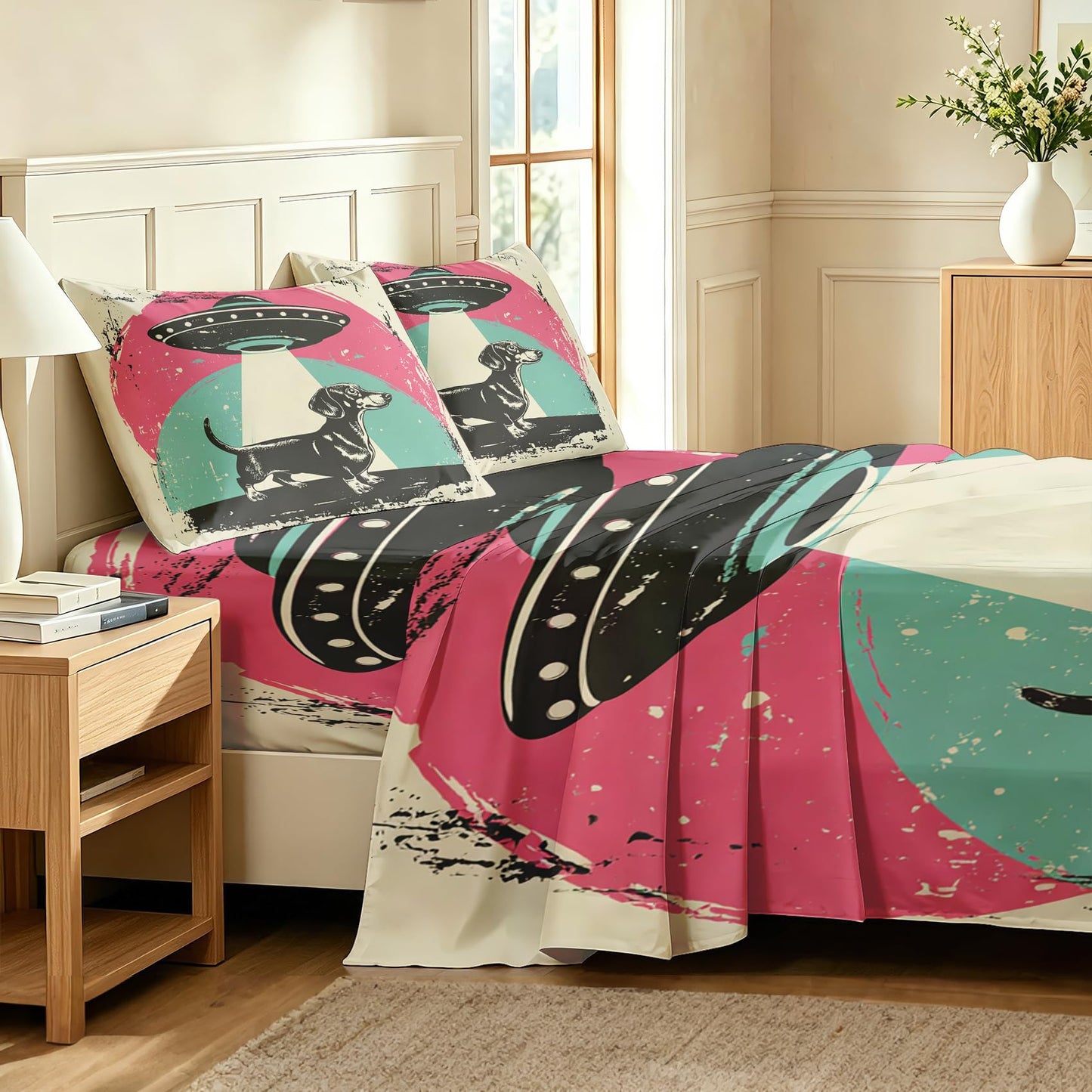 Dachshund Queen Bedding Set Boys UFO Sheet Sets