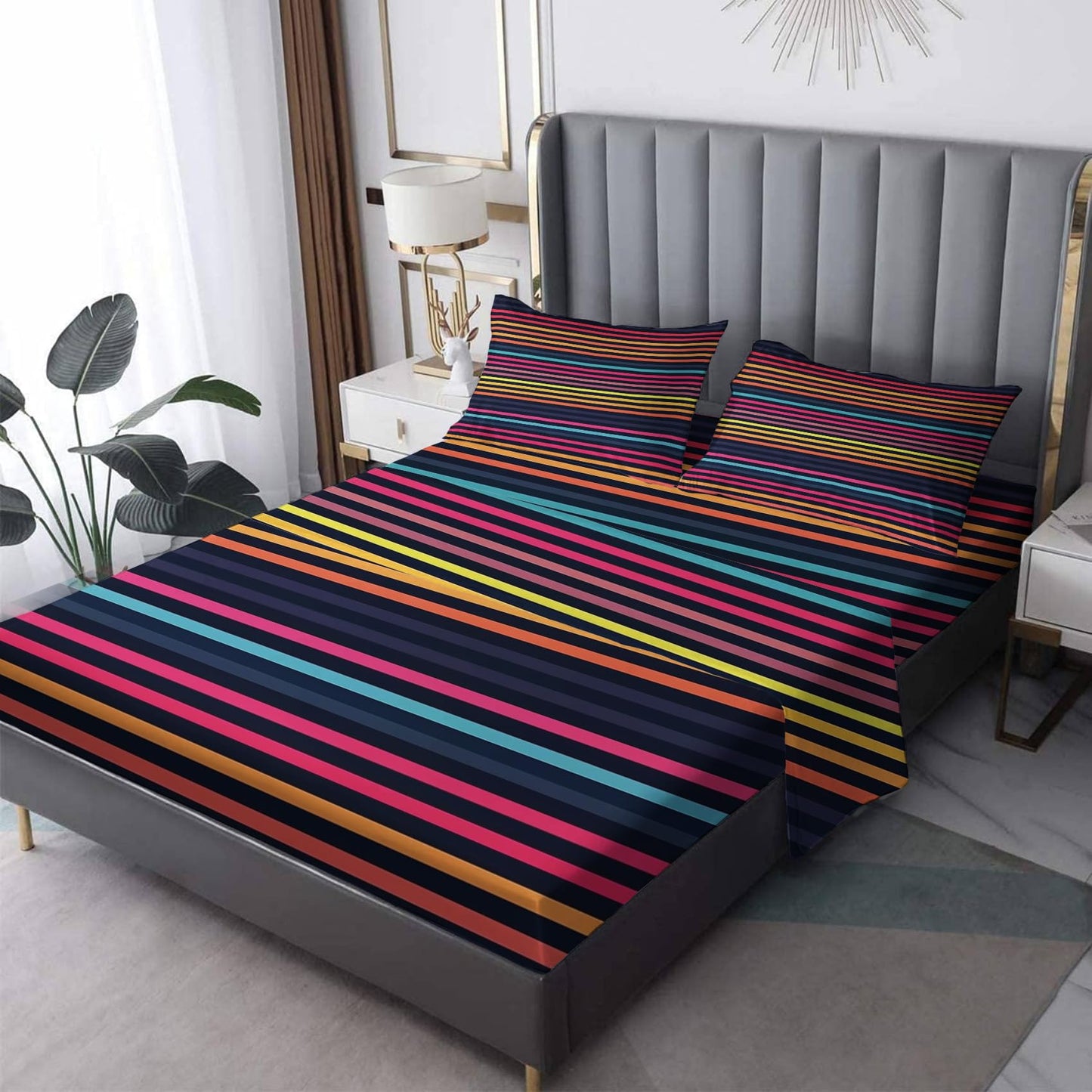 Striped Sheets Full Size, Colorful Bed Sheets, Patterned Bedding Sheets & Pillowcases 4 Piece Set - Soft Microfiber Deep Pocket Fitted Sheet & Flat Sheet & 2 Pillow Cases M&-A264