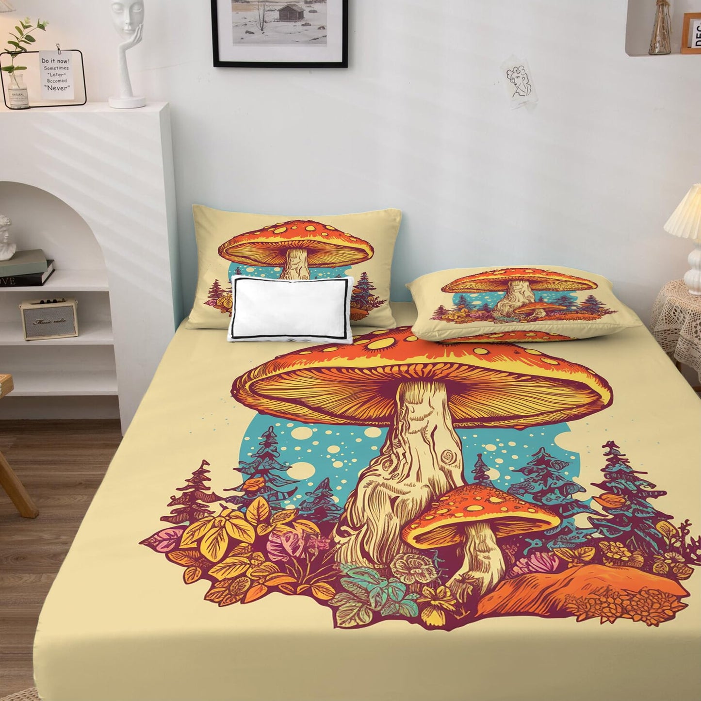 THYUNQ Mushroom Split King Sheets Sets for Adjustable Bed, 70s Retro Pattern Sheet Set - 16 Inch Deep Pocket, Super Soft Microfiber Printed Bedding Sheets & Pillowcases 5 Piece