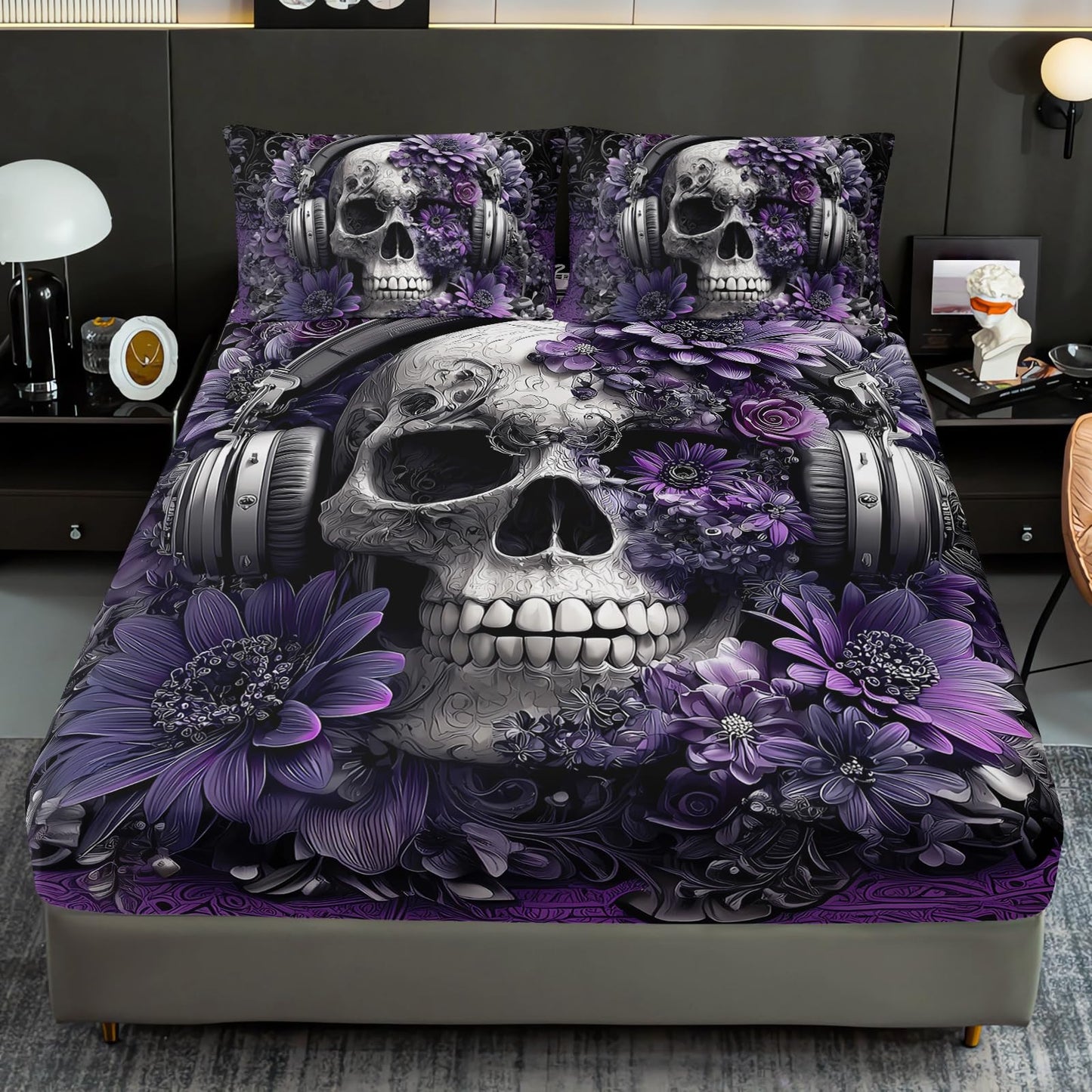 AILONEN Girls Floral Skull Fitted Sheet Set Queen Size,3-Piece Music Themed Skeleton Bedding Set,Gothic Purple Flower Skull Printed Deep Pocket Sheets with 2 Pillowcases