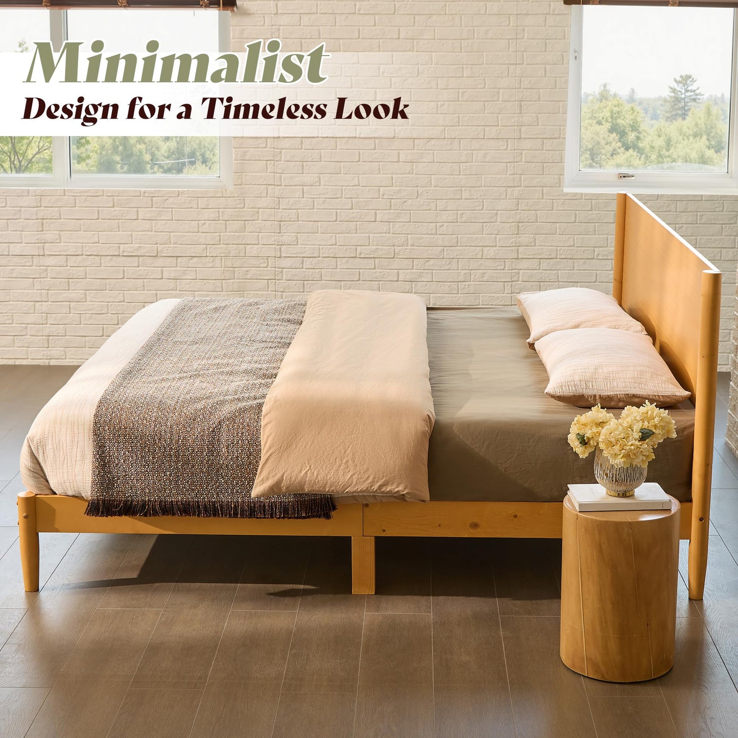 AMERLIFE Solid Wood Full Size Bed Frame, Mid Century Modern Platform Bed with Full Panel Headboard, Noise-Free & Cylindrical Legs, No Box Spring Needed, Under-Bed Storage, Natural Wood