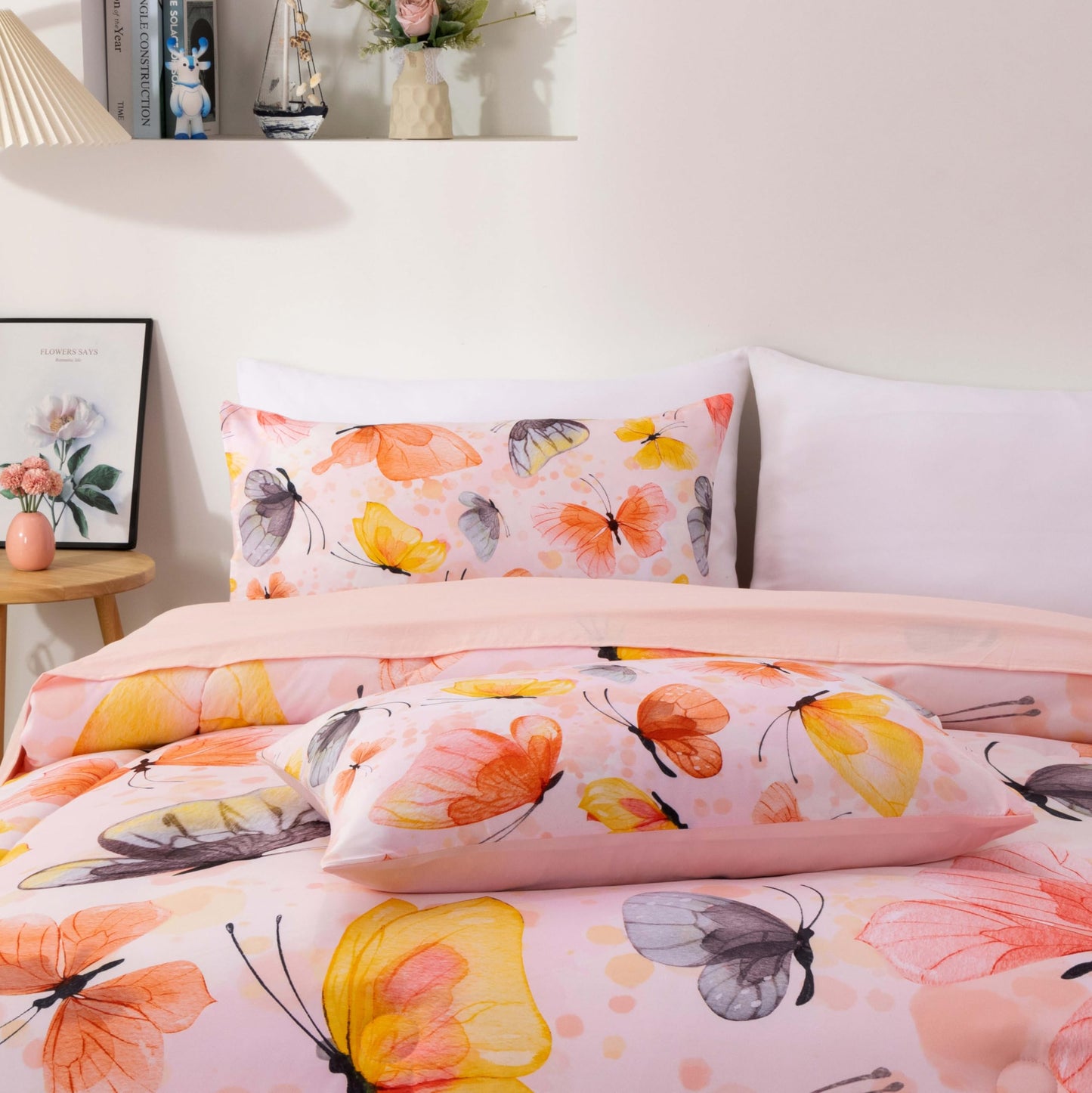 Btargot 3 Piece Butterfly Pattern Girls Comforter Set, Colorful Ink Stick Printing Bedding Set for Women, Orange Full