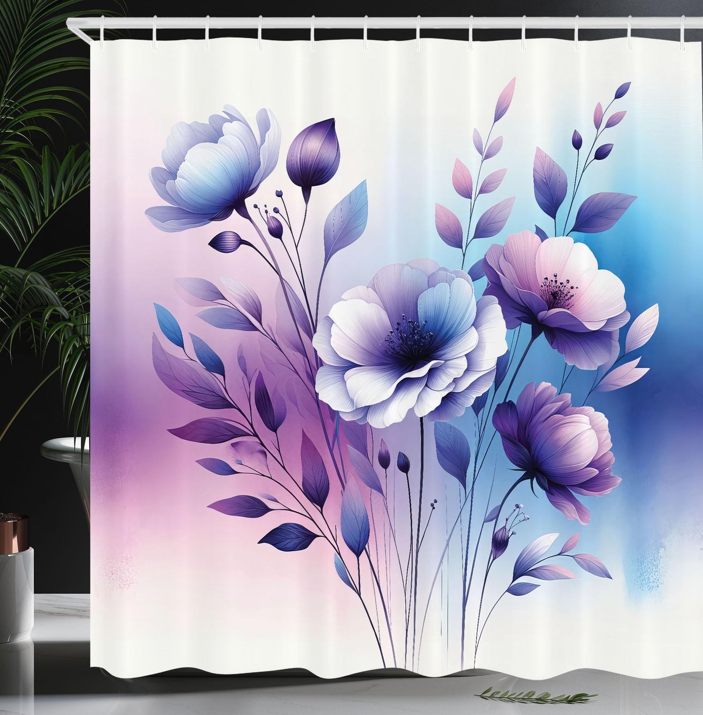 Ambesonne Purple Shower Curtain, Simple Spring Poppy Flowers with Tender Leaves in a Dreamy Color Palette, Cloth Fabric Bathroom Decor Set with Hooks, 69" W x 70" L, Sea Blue Lilac Indigo