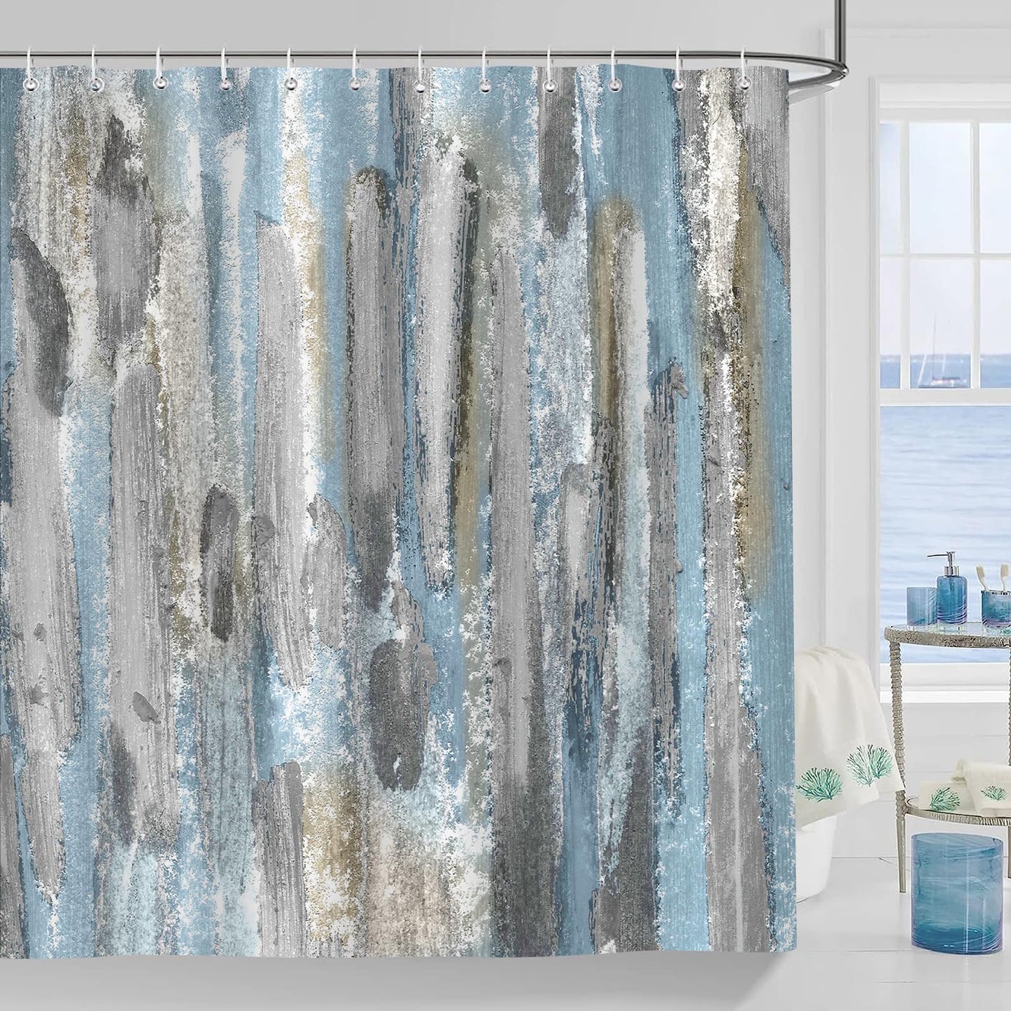 Emwnodti Abstract Shower Curtain, Blue Grey Brown Watercolor Oil Painting Modern Aesthetic Home Bath Curtain, Durable Waterproof Shower Curtain Set with Hooks, 72 x 72 inch