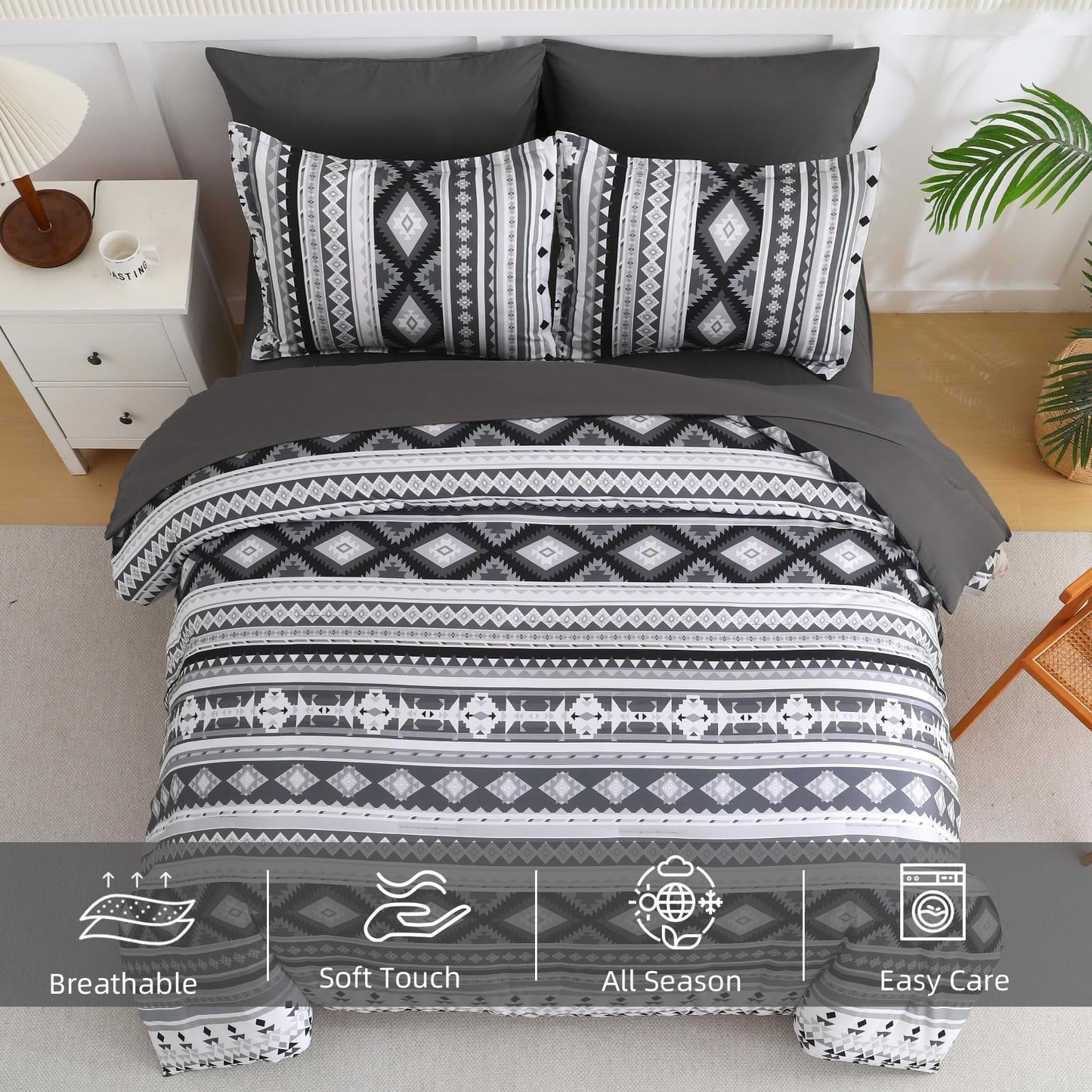 Dinjoy Dark Grey Boho Comforter Set Queen Size,7 Pieces Bed in a Bag for Men Gray Bedding Sets with Sheets Aztec Comforters Striped Complete Set for Summer 90"x90"