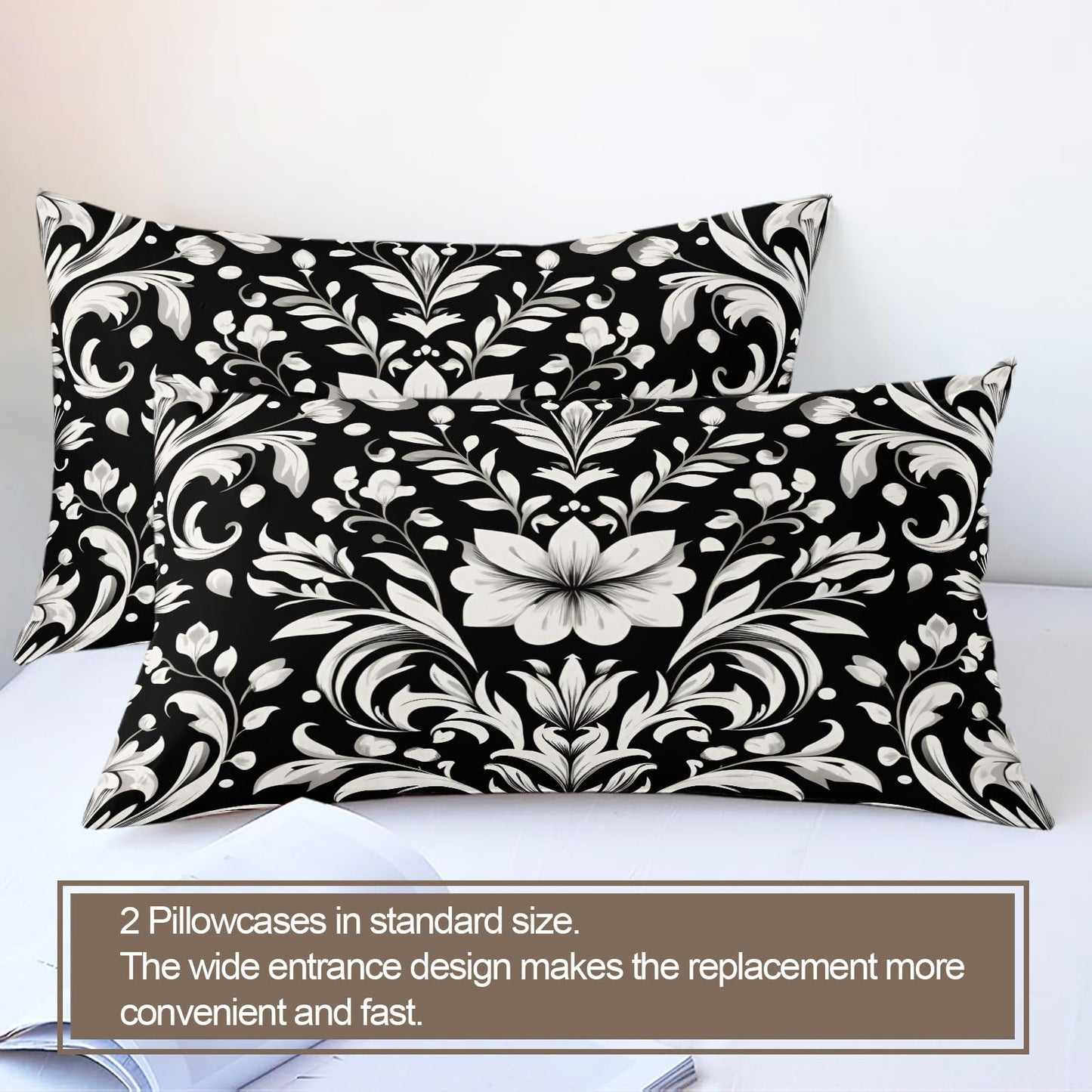 ZAMODE Vintage Floral Duvet Cover 104" x 98", Black White Baroque Style Bedding Set, White Flower Comforter Cover with Zipper Ties