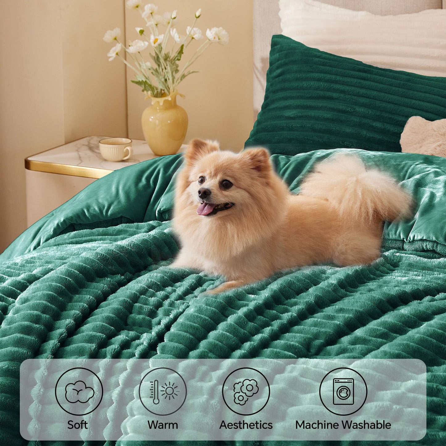 BEDELITE Fleece Queen Comforter Set -Super Soft & Warm Fluffy Dark Green Bedding, Luxury Fuzzy Heavy Bed Set for All Season with 2 Pillow Cases