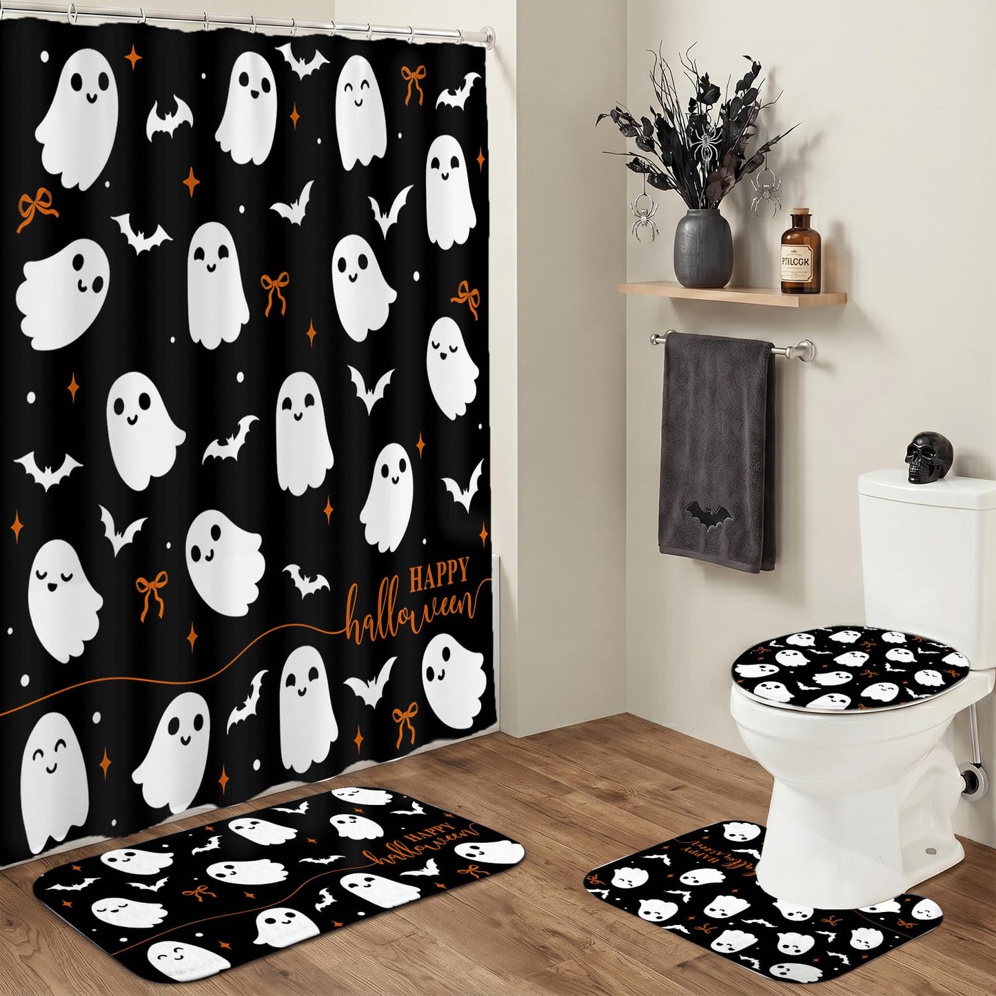 Mocsicka 4Pcs Halloween Shower Curtain Set Black Spooky Bow Ghost Shower Curtain Set for Halloween Bathroom Decor with Anti-Slip Waterproof Bathtub Bathroom Rugs Toilet Lid Cover