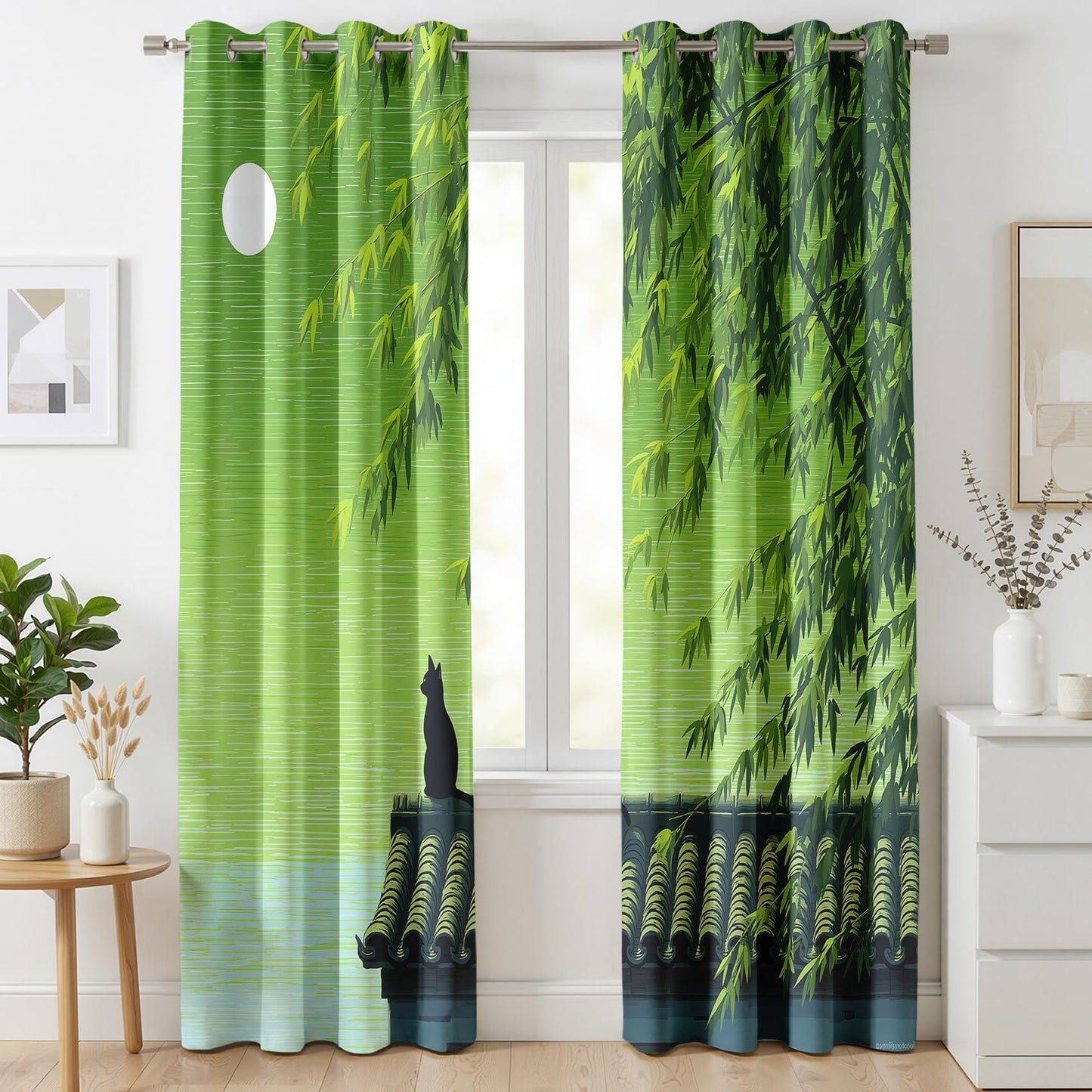 Mistwalk Black Cat Silhouette Blackout Curtains 63 Inches Long, Patterned Curtains for Bedroom & Living Room, Room Darkening Thermal Insulated Grommet Drapes, Japanese Bamboo Forest Window Treatments