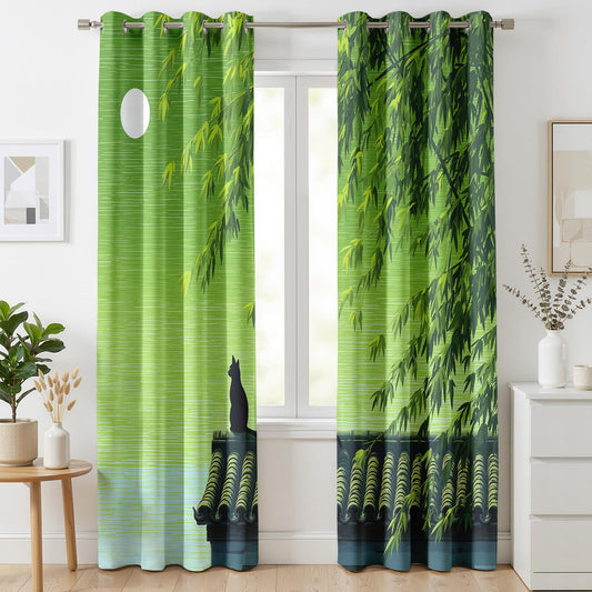 Mistwalk Black Cat Silhouette Blackout Curtains 63 Inches Long, Patterned Curtains for Bedroom & Living Room, Room Darkening Thermal Insulated Grommet Drapes, Japanese Bamboo Forest Window Treatments