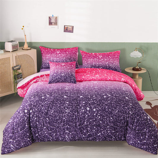 RYNGHIPY 6Pcs Twin Gradient Pink Purple Glitter Comforter Sets for Teens Girls Kids, Colorful Rainbow Glitter Themed Bedding Set