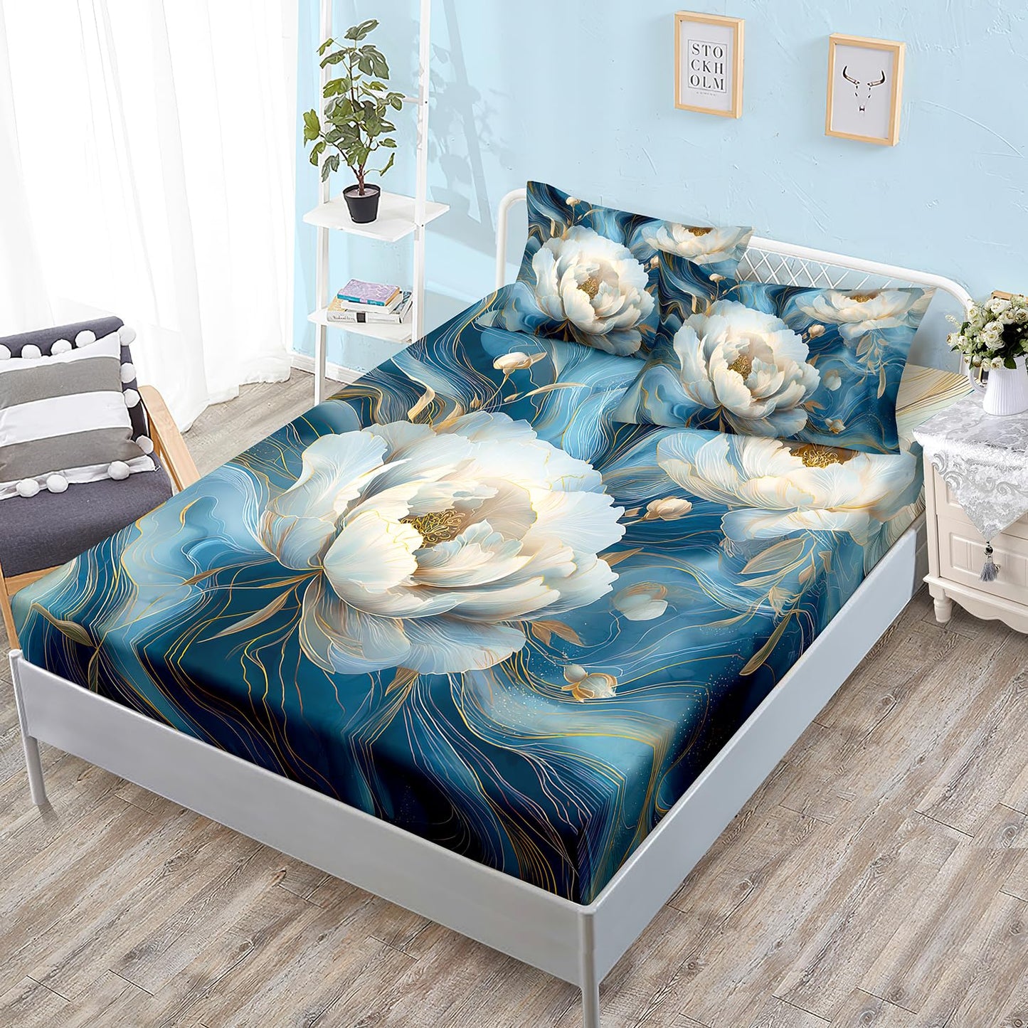 HOSIMA Floral Twin Bedding Sets for Women Girls Room Decor,Blue Golden Marble Grain Ink Fluid Art Fitted Sheet,White Flowers Pattern Lightweight Floral Bedding,1 Fitted Sheet+2 Pillowcases.