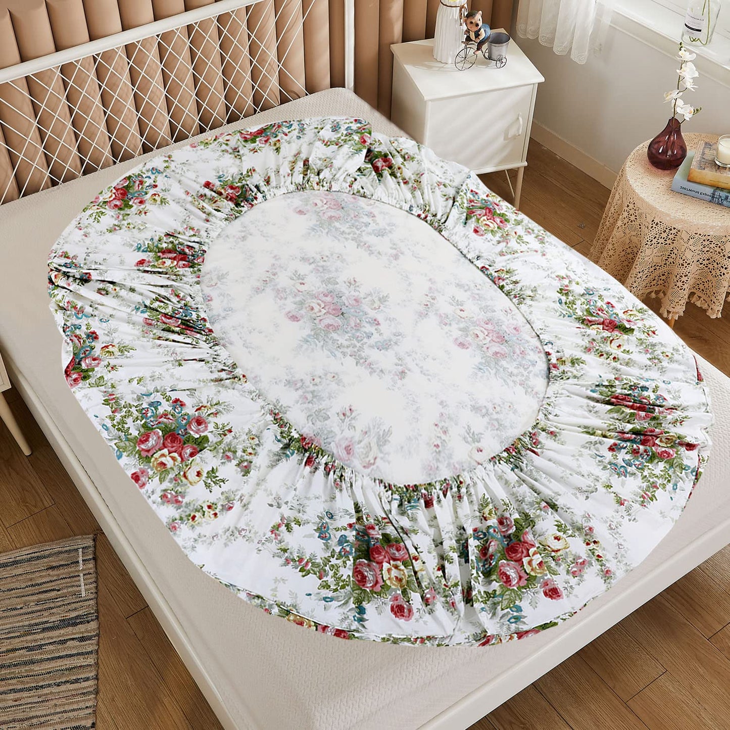 FADFAY Sheet Set Cal King Vintage Rose 100% Cotton Hypoallergenic White and Grey Deep Pocket Fitted Sheet 4-Pieces Cal King