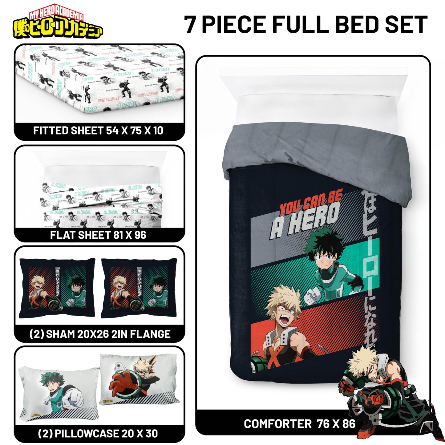 Jay Franco Kids Bed Set, Black, My Hero Academia, 7 Piece Full