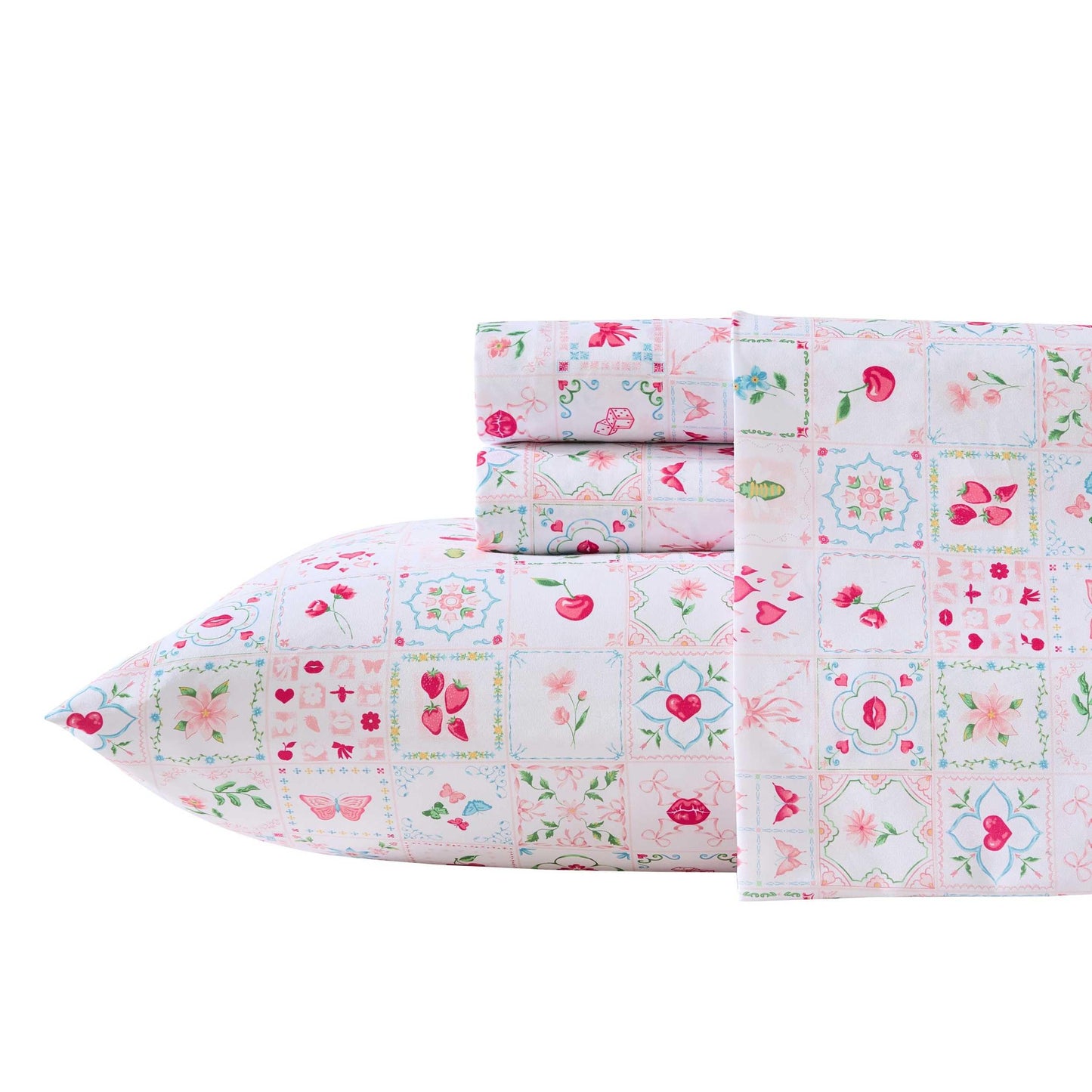 Betsey Johnson - Queen Size Sheet Set, Nerdy Teddies Print Microfiber Bedding with Deep Pocket Fitted Sheet, Bed Sheets with Matching Pillowcases, Pretty Tiles Pink