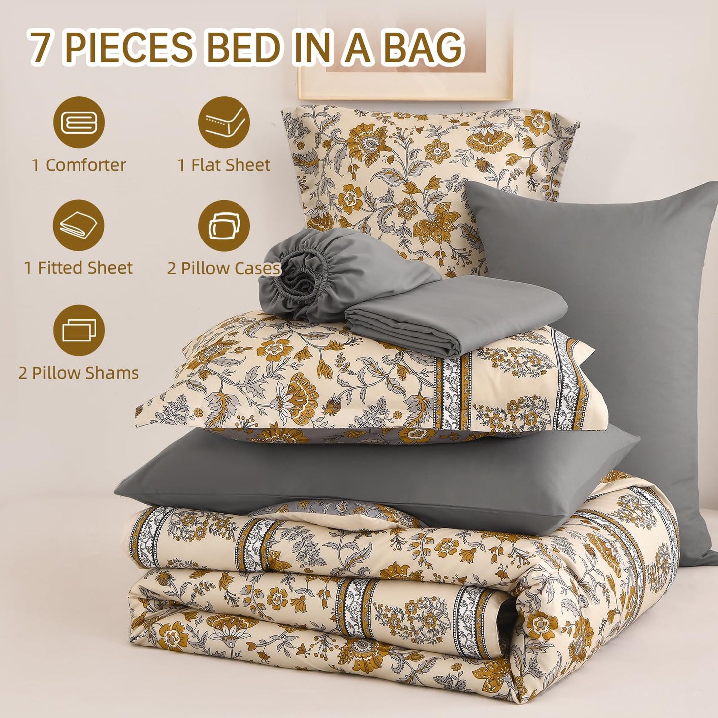 Dinjoy Boho Comforter Set Queen,Beige Brown Bedding Paisley Floral 7 Piece Bed in a Bag Reversible Lightweight Bohemain Comforters with Sheet Sets for All Season