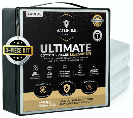 MATTSHIELD Ultimate 3-Piece Kit - Bed Bug-Proof Mattress Cover Twin XL - 100% Cotton Top + 2 Pillow Protectors with Zipper - 6 Sided Waterproof Encasement, Total Defense Kit