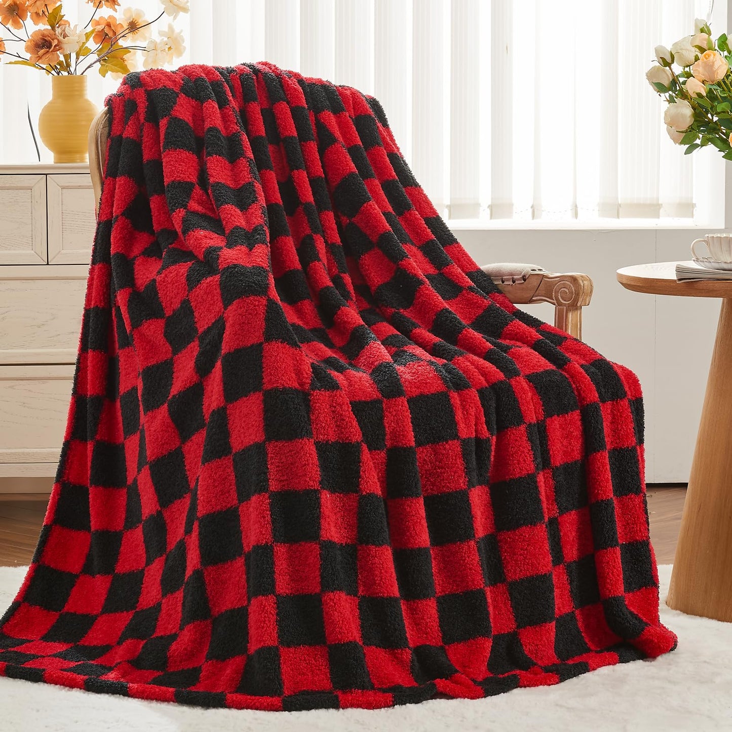 NEWCOSPLAY Knitted Red Black Checkered Blanket Super Soft Plush Throw for Couch Fuzzy Fluffy Microfiber Lightweight Blanket for Bed Sofa All Season Use (Red Black, Throw(50"x60"))