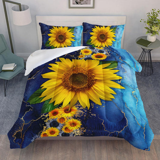 AILONEN Sunflower Comforter Set Queen Size, Blue Watercolor Gold Print Yellow Sunflower Bedding Set for Boys Girls,Botanical Floral Duvet Set Soft Breathable 3 Pieces, 1 Quilt and 2 Pillowcases