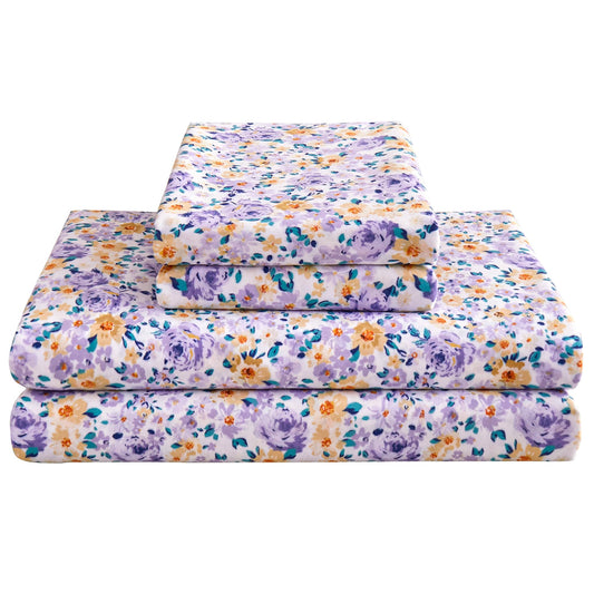 Mooreeke Floral Full Bed Sheets, Soft Microfiber Printed Bedding Sheets & Pillowcases, Deep Pocket Non-Slip Vintage Full Sheet, Purple Yellow Flower Pattern Bedsheets