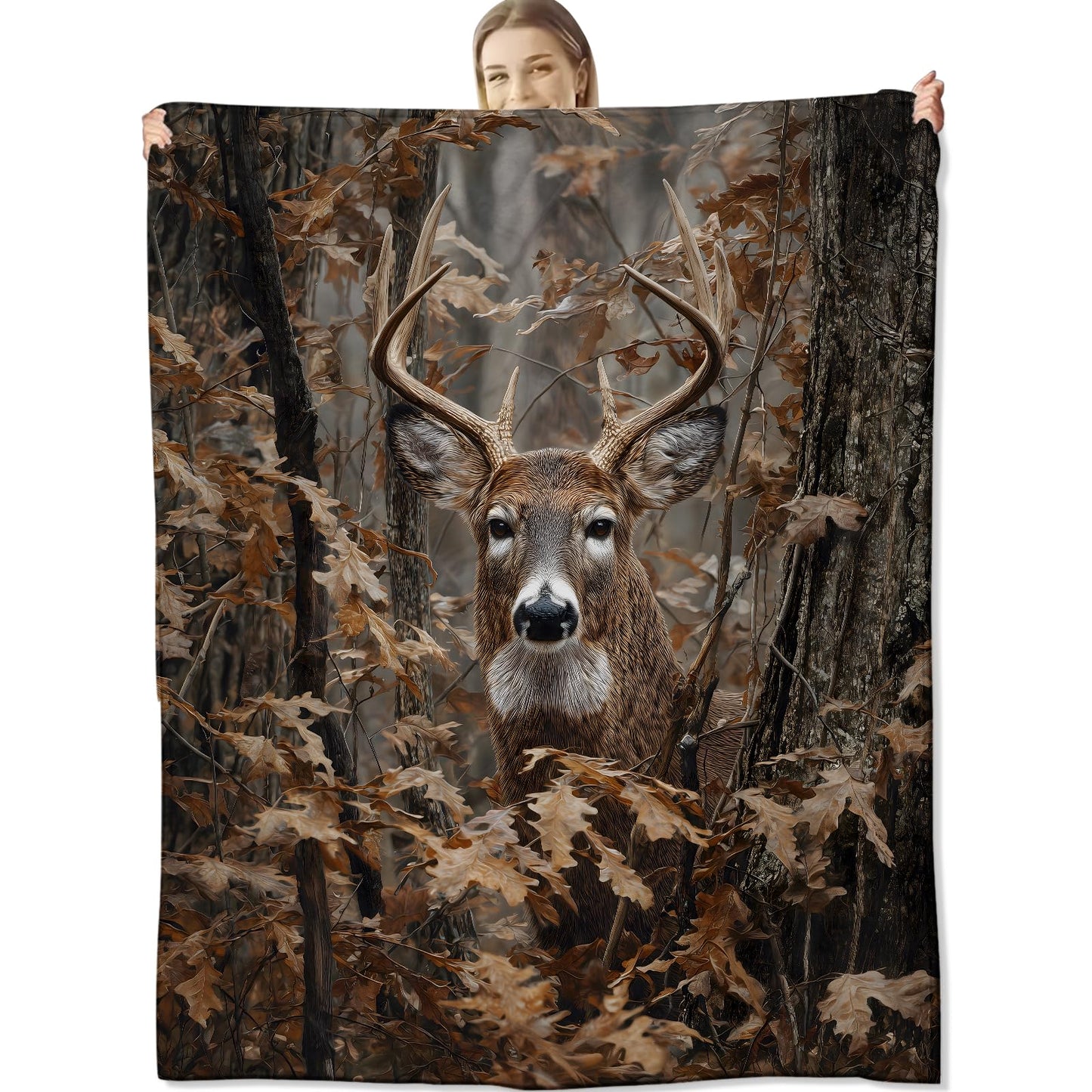 cromcu Deer Blanket for Hunting Lovers, Realistic Woodland Camo Flannel Blankets, Hunting Camping Gifts, Brown Soft Warm Cozy Throws for Sofa Couch Bed Living Room Bedroom Home Decor 60" x 50"