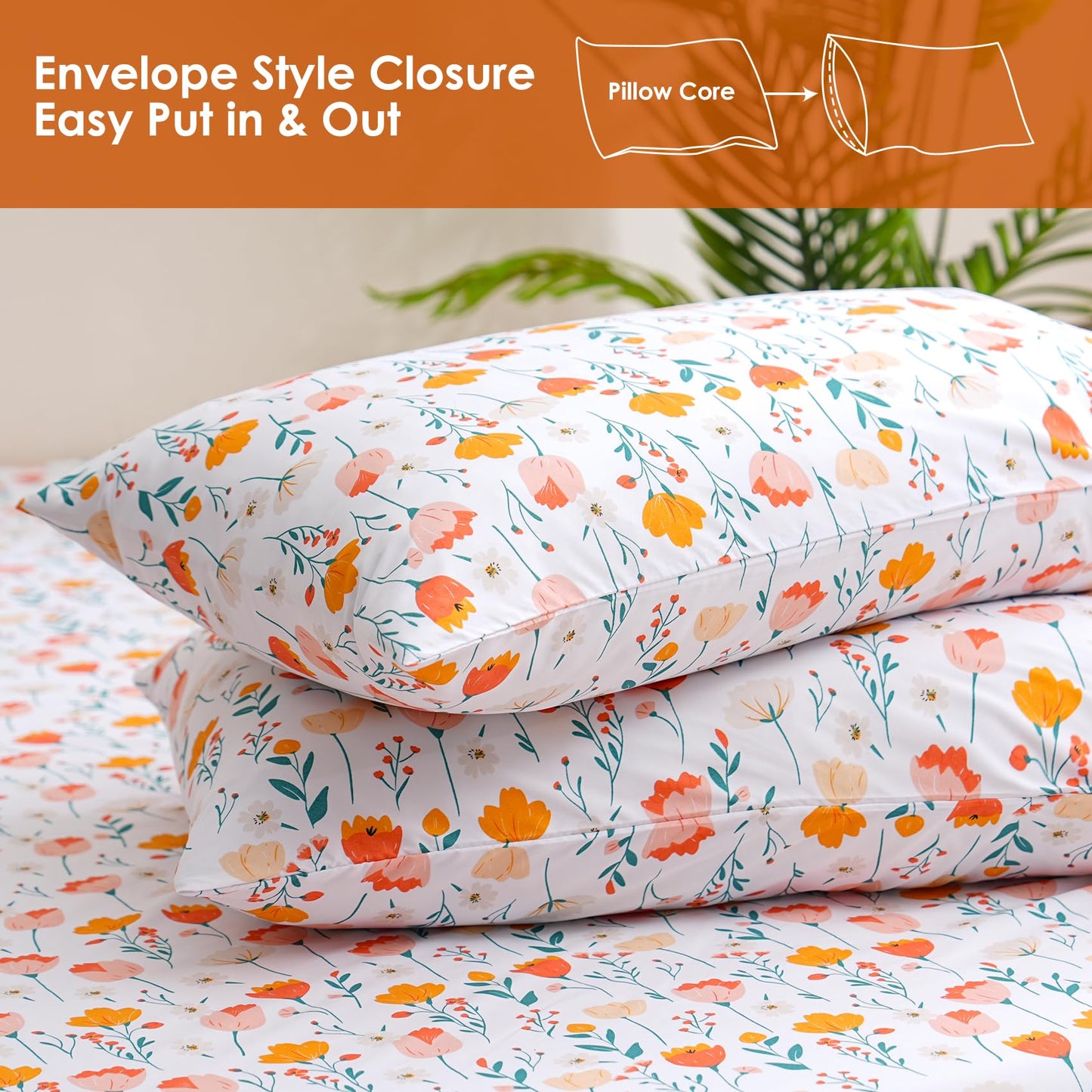 JSD Tulip Floral Sheet Set Queen Size, 4 Piece Spring Printed Microfiber Bed Sheets Deep Pocket