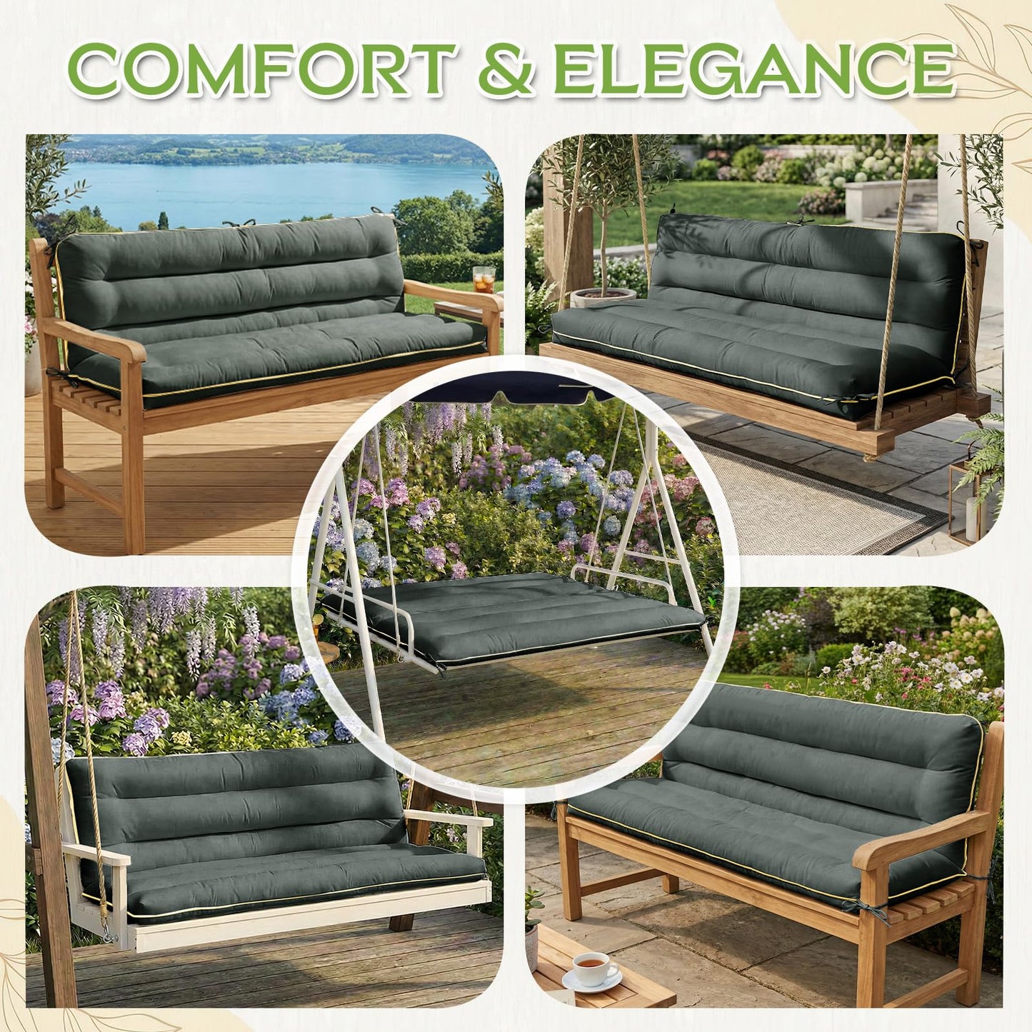 AS AWESLING 60×40 INCH Outdoor Swing Cushion with Backrest, Tie Straps & Memory Foam - Replacement for Porch Bench 2/3 Seater, Oxford Fabric (Gray, 60 INCH × 40 INCH)