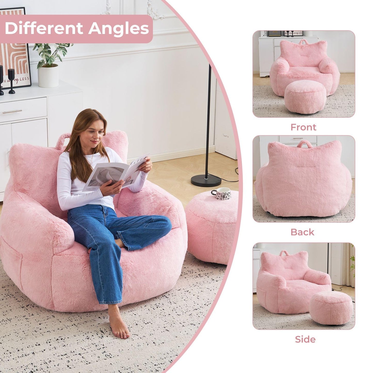 Giant Bean Bag Chair for Adults with Ottoman, Oversized Bean Bag with Filling Plush Fluffy,BeanBag Lazy Sofa Couch with Armrest for Living Room, Stuffed Floor Sofa with Sidepocket for Bedroom, Pink