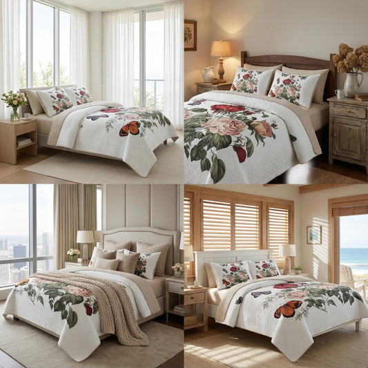 WHWODIDE Boho Floral Quilt Set King Size, Lightweight Microfiber Bedspread Coverlet, Soft All Season Bedding with 2 Pillow Shams, Vintage Botanical Rose Flower Butterfly Pattern(Butterfly Rose, King)