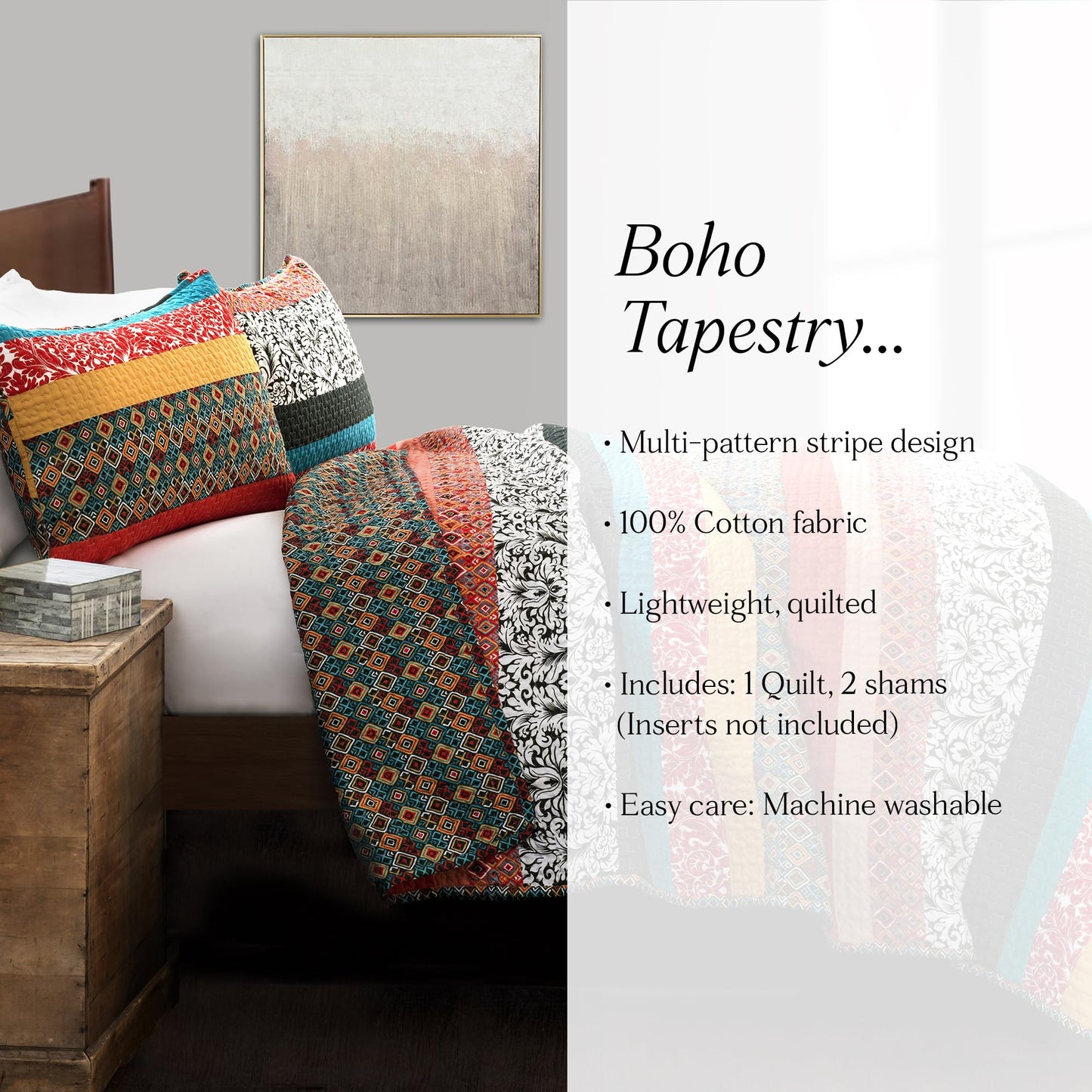 Lush Decor Boho Stripe Reversible Cotton Quilt 3-Piece Set, Full/ Queen, Turquoise & Tangerine - Bold Colorful Bohemian Bedding Set