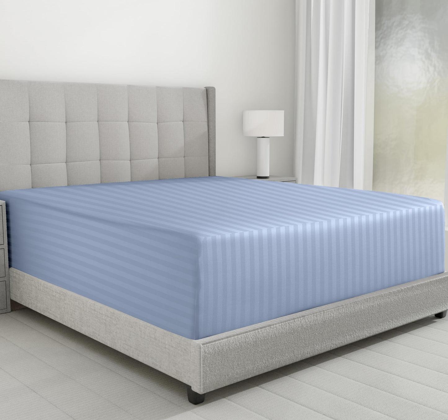 California Design Den Cotton Sateen Damask Stripe Fitted Queen Sheet Only - Soft 100% Cotton Sateen, Deep Pocket Bottom Fitted Sheet - Light Blue
