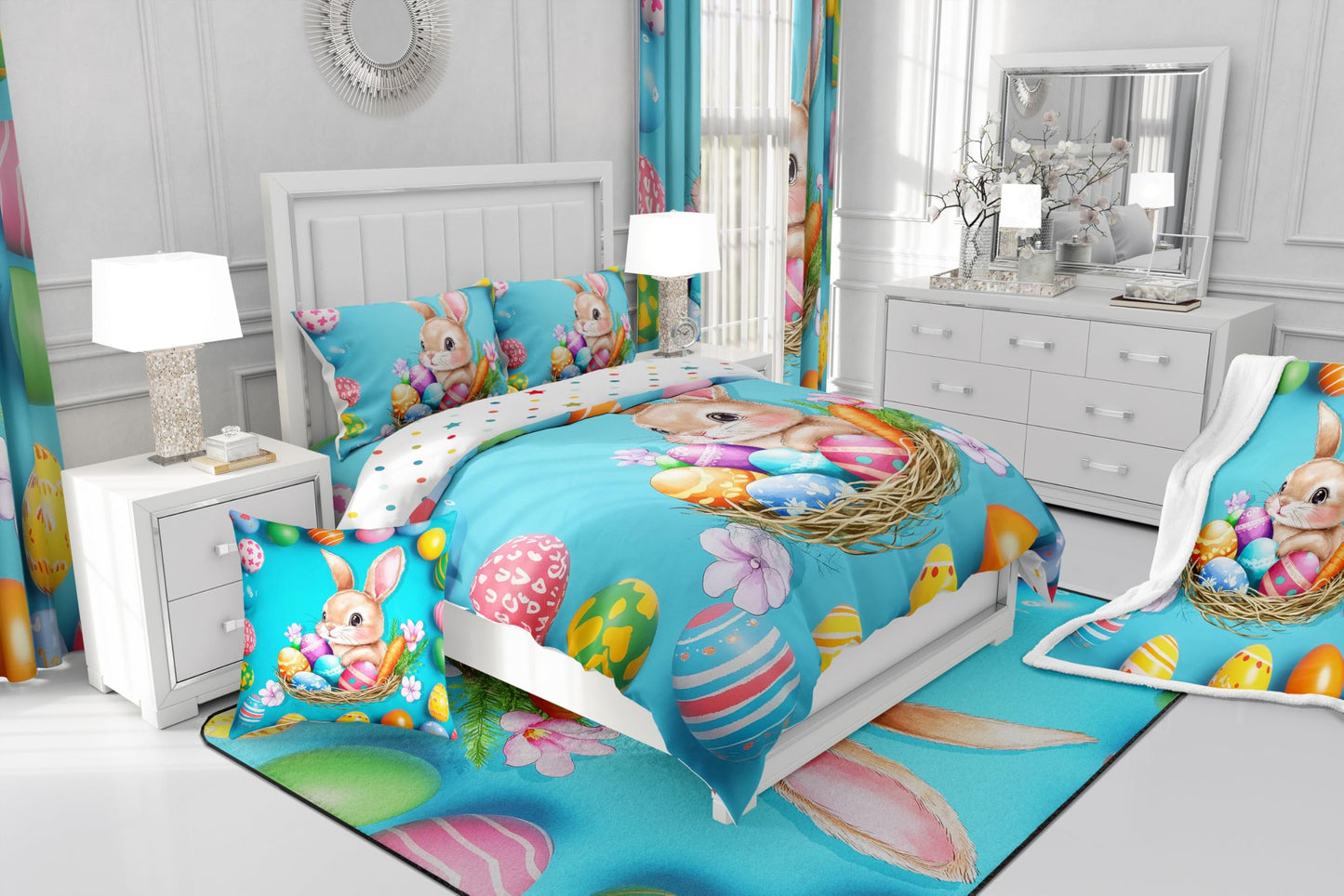 Bunnies Duvet Cover Easter Theme Bedding Set for Boys Teens Youth,Easter Eggs Nest Comforter Cover Cute Rabbit Pet Animal Quilt Cover Queen Size Greetings and Presents for Easter Day