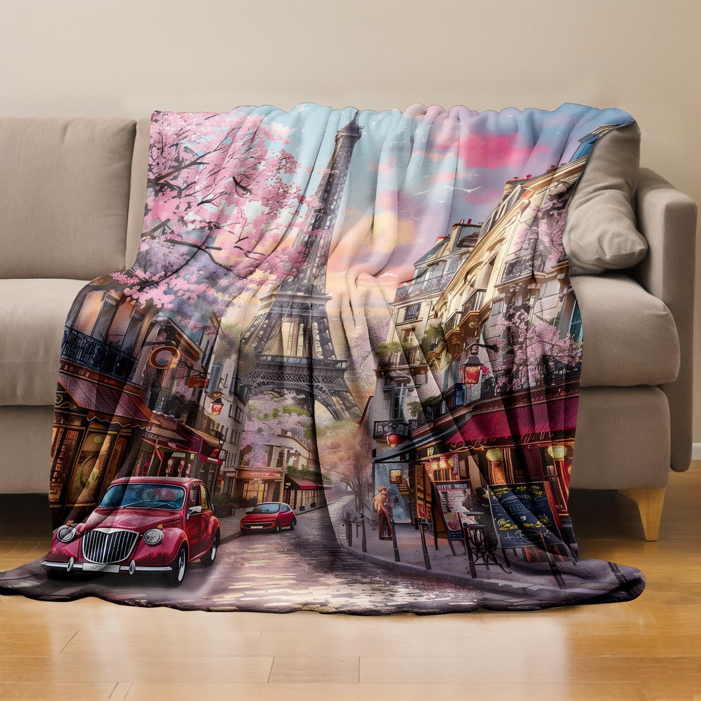 RQTWC Paris Throw Blanket Gifts for Boys Girls Kids Adults, Eiffel Tower Street View Theme Flannel Blankets for Travel Sofa Living Room Decor 50"X60"