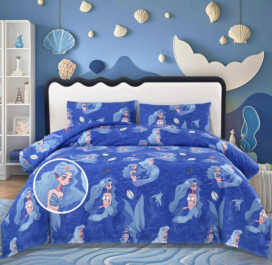 MAG 3Pcs Mermaid Comforter Set Twin Size,Blue Cute Kids’ Full Bedding Comforter, with 1*Comforter+2*Pillowcases, Cozy， Elegant and Luxury Bed in a Bag Set,Best Home Decor Gift for Kids and Girls.
