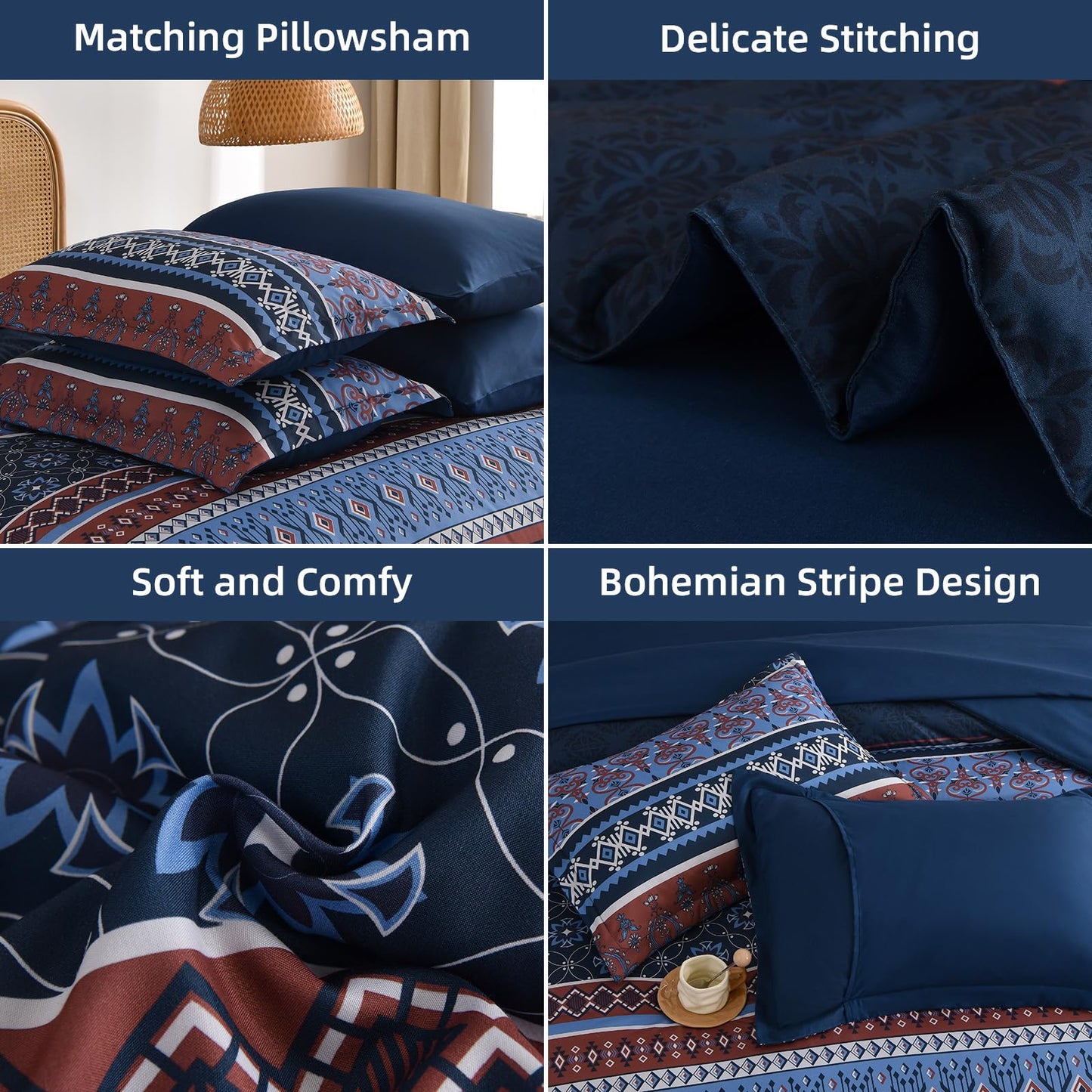 Boho Comforter Set Queen Size,7 Pieces Bohemian Comforter Bedding Set Bed in a Bag,Navy Blue Paisley Floral Comfortet and Sheet Set,Soft Striped Bedding Sets for All Season