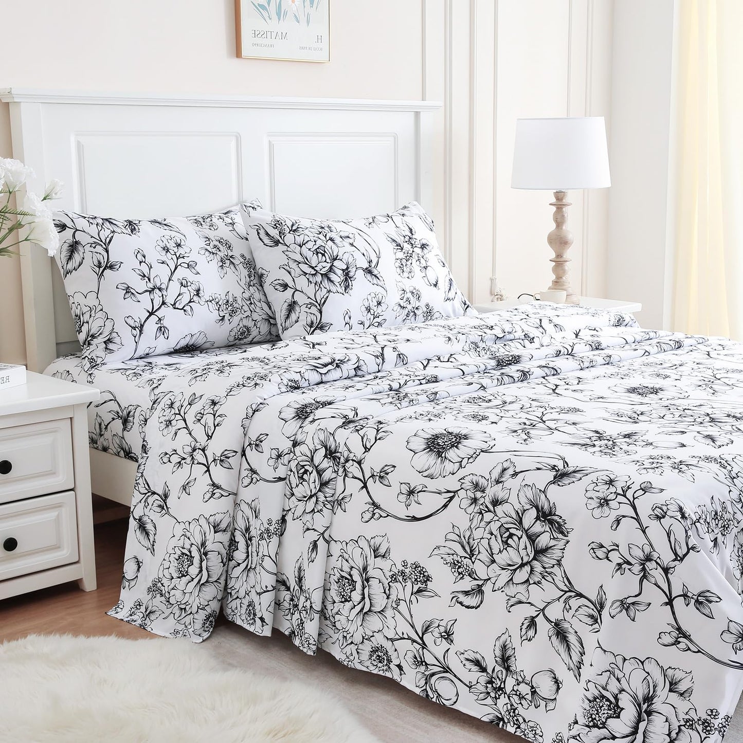 MICORAL Queen Sheet Set Boho Floral Sheets, 4-Piece Printed Botanical Bed Sheets, 16" Deep Pocket, Ultra Soft & Cooling Sheet, Oeko-TEX Certified, Black White Flower