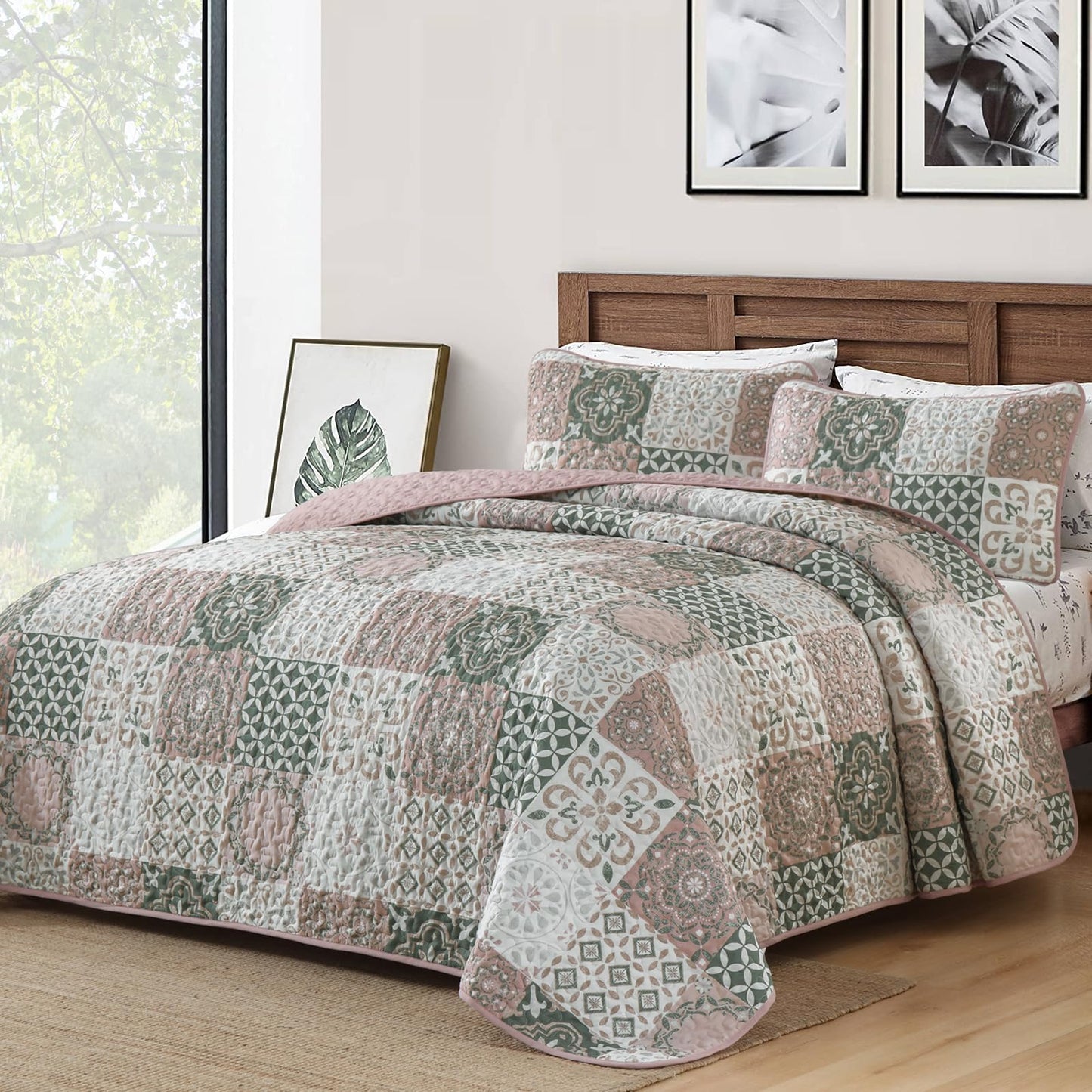 Dobuyly Blush Quilt Set Queen Size, Boho Patchwork Plaid Bedspread Coverlet Set, 3 Pieces Soft Microfiber Farmhouse Quilt Bedding Set Lightweight Bed Cover for All Seasons 96"x90"