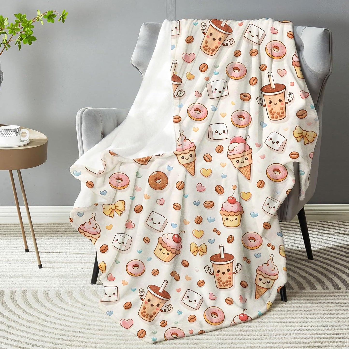 Cute Milk Tea Dessert Blanket, Soft Kawaii Donuts with Cupcakes Throw Blanket Gifts for Women Girls Kids, Sweet Food Lightweight Warm Cozy 60×50 inch Flannel for Couch, Travel, Bed, Decor, Outdoor