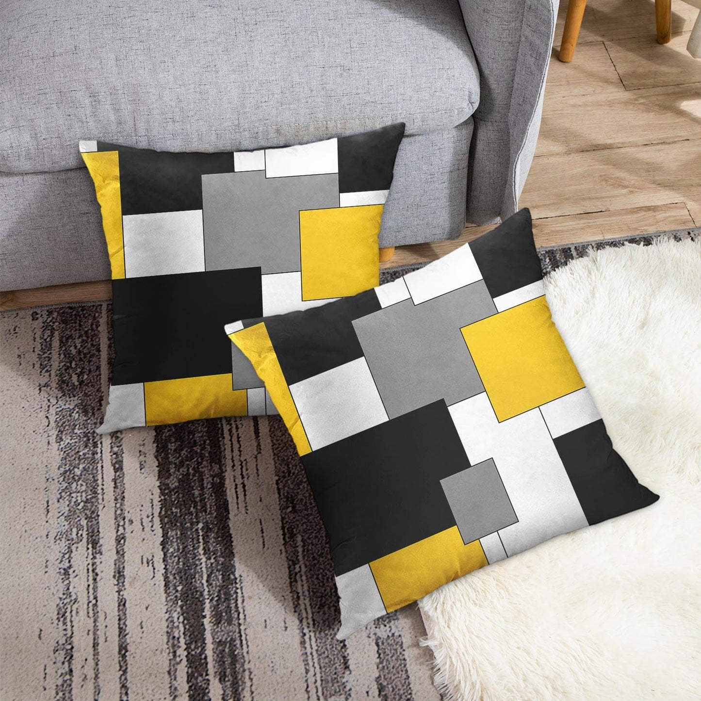 Emvency Set of 2 Yellow Geometric Throw Pillow Covers Black Grey White Painting Abstract Checkered Design Decorative Pillow Case Modern Home Decor Standard Square 18x18 Inch Cushion Pillowcase