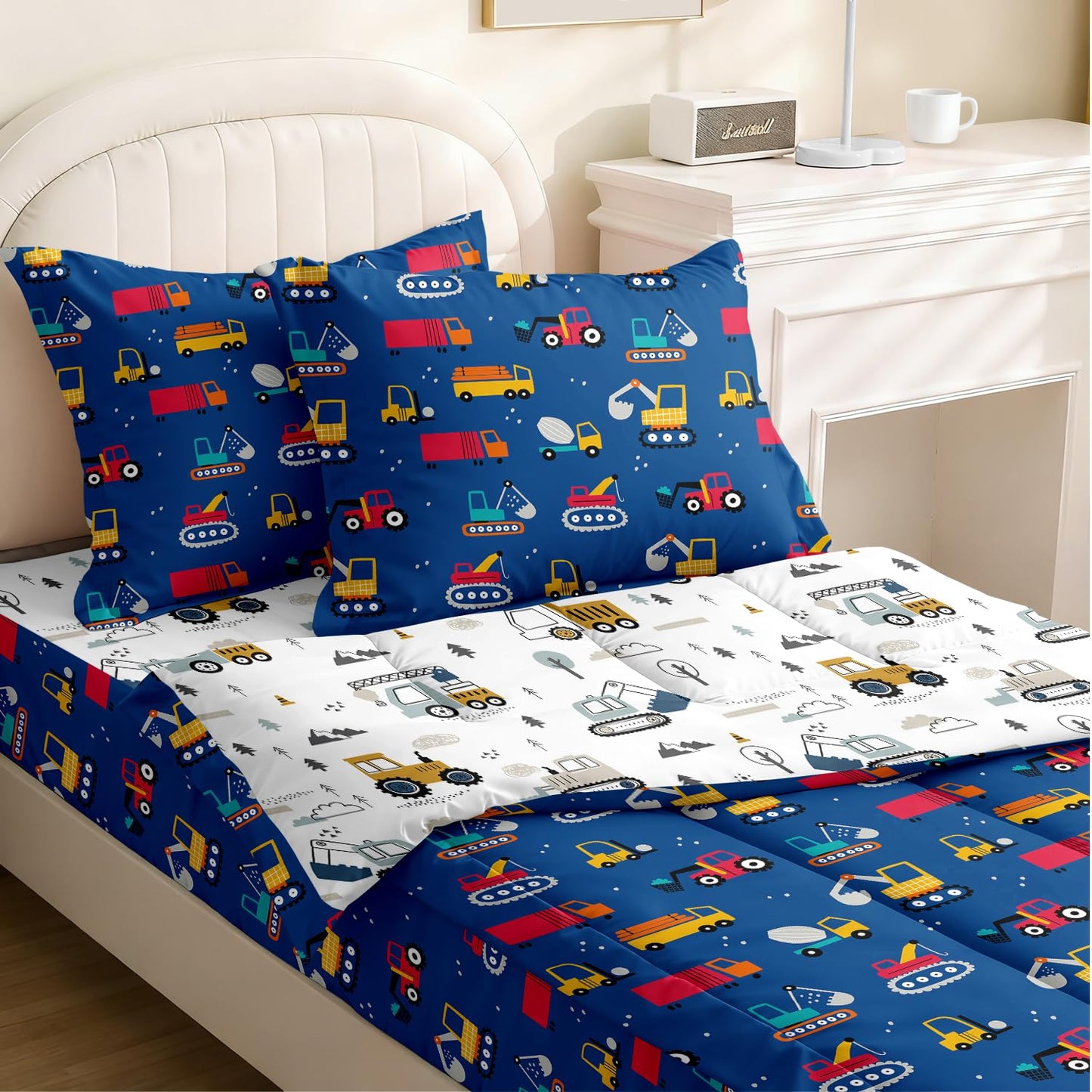 Yadangxiawa Kids Comforter Set,Zipper Bedding Twin for Boys,Construction Printed Comforter Set with Truck Fitted Sheets and Pillowcases for All Season(Construction Twin)