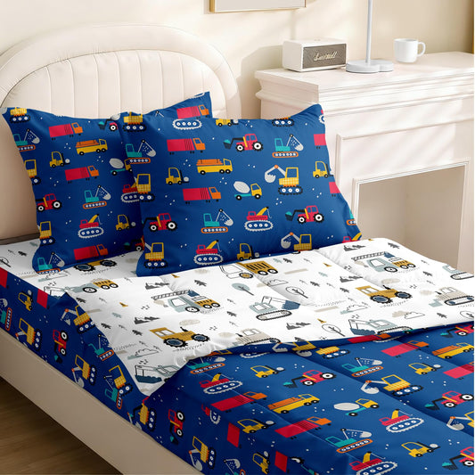 Yadangxiawa Kids Comforter Set,Zipper Bedding Twin for Boys,Construction Printed Comforter Set with Truck Fitted Sheets and Pillowcases for All Season(Construction Twin)