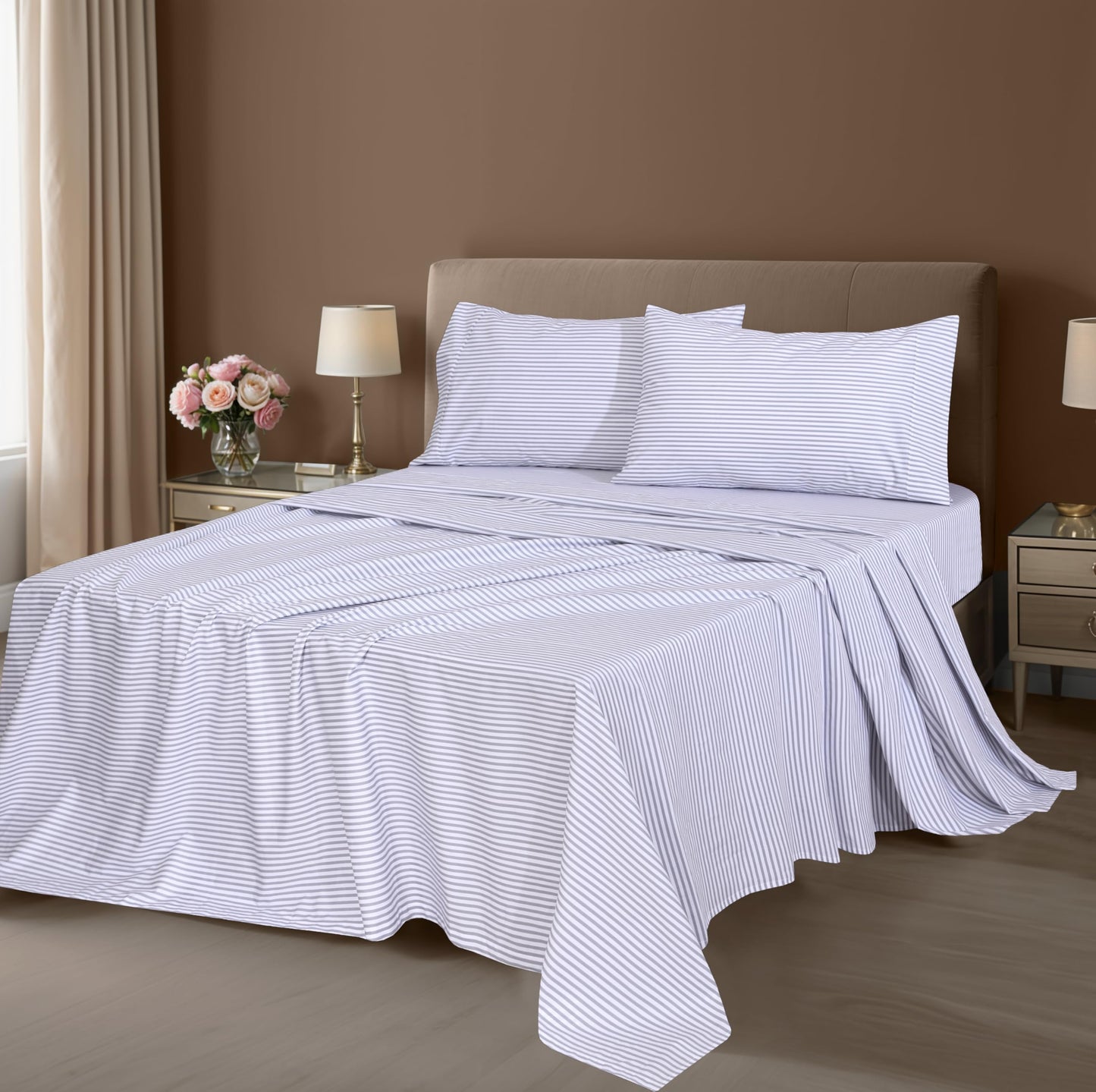ZOYER 100% Cotton Sheets – Full Size Percale Bedding, Cooling & Breathable, Durable with a Crisp, Soft & Comfortable Feel, 16" Deep Pocket, 4-Piece Set, Grey Stripe