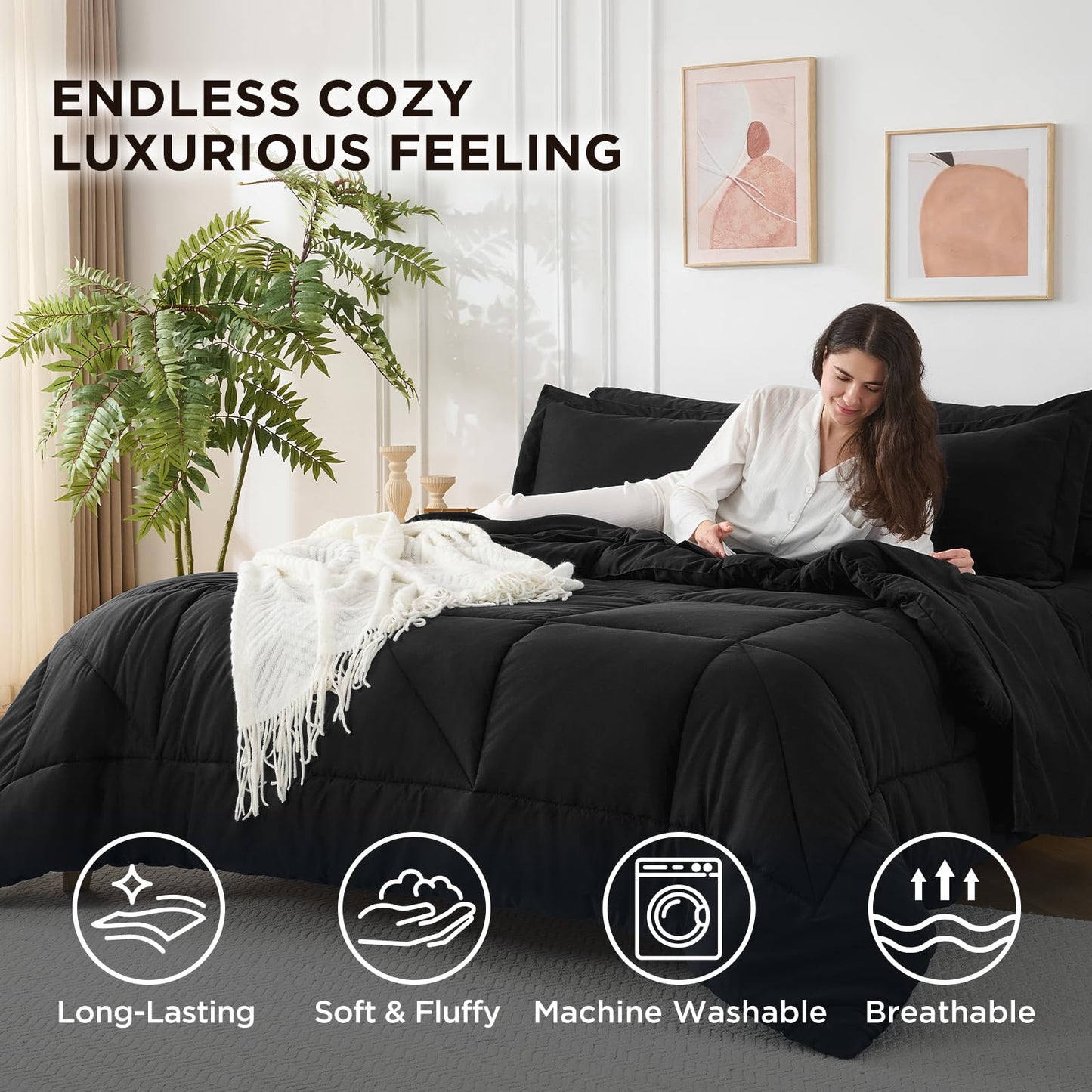 Baskbed 7 Pieces Queen Comforter Set - Utral Soft Microfiber Bedding Set, Thick Duvet Insert Bed in a Bag Without Rustling Noise for All Season, Black (88"x88")
