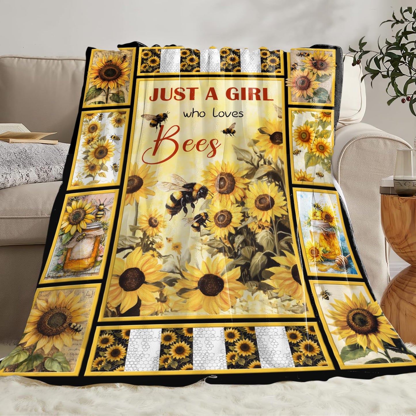 Bee Blanket for Boys Girls, Bee Sunflowers Flannel Throw Blanket, Fleece Soft Cozy Stuff Blankets Gift for Women Men Couch Sofa Bed 50" x 40"