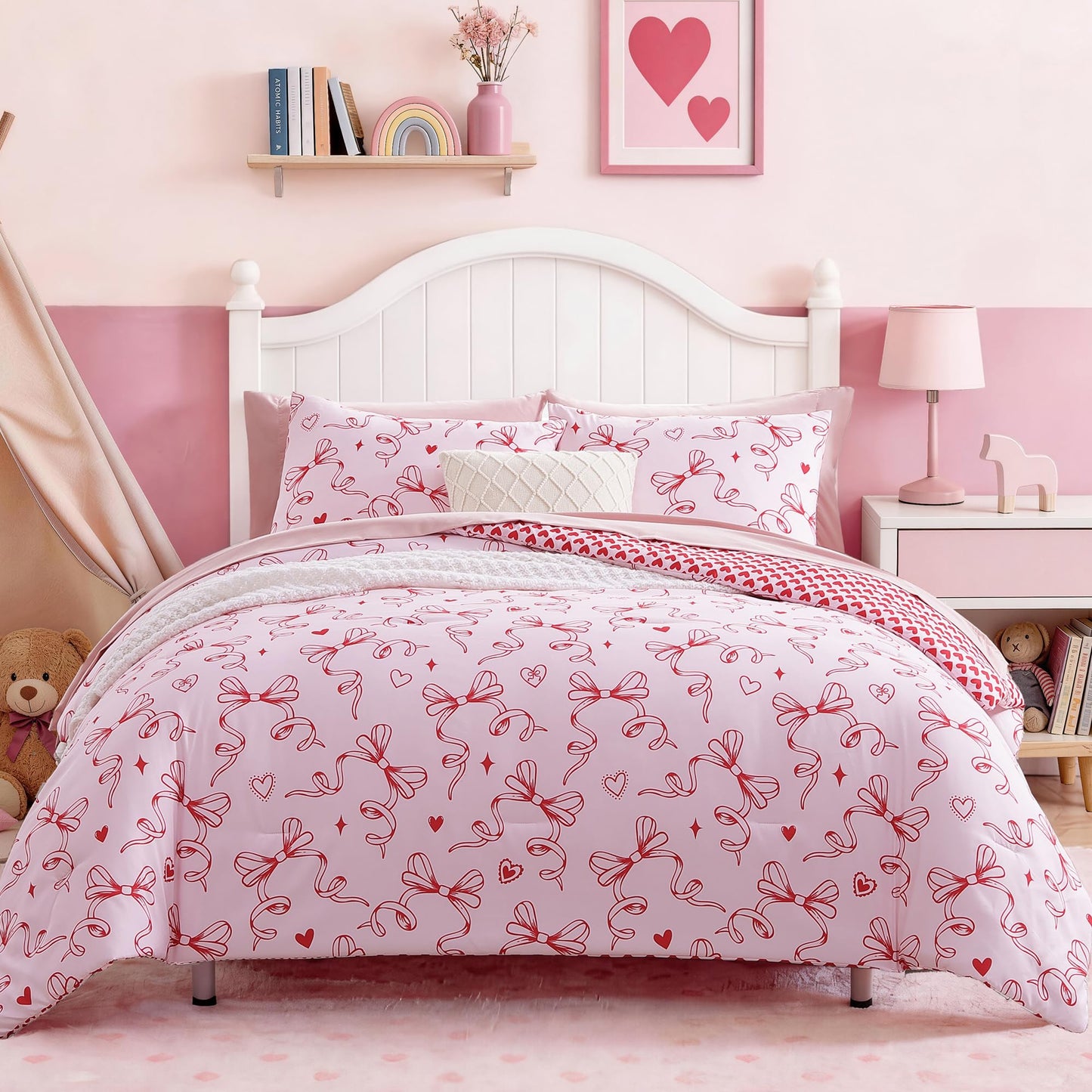 AMBERSPACE Twin XL Comforter Set for Girls, Red Bow Bedding Set Reversible with Cute Heart, All Season Kids Dorm Bed in a Bag 5 Pieces with Sheets, Pillowcase & Sham