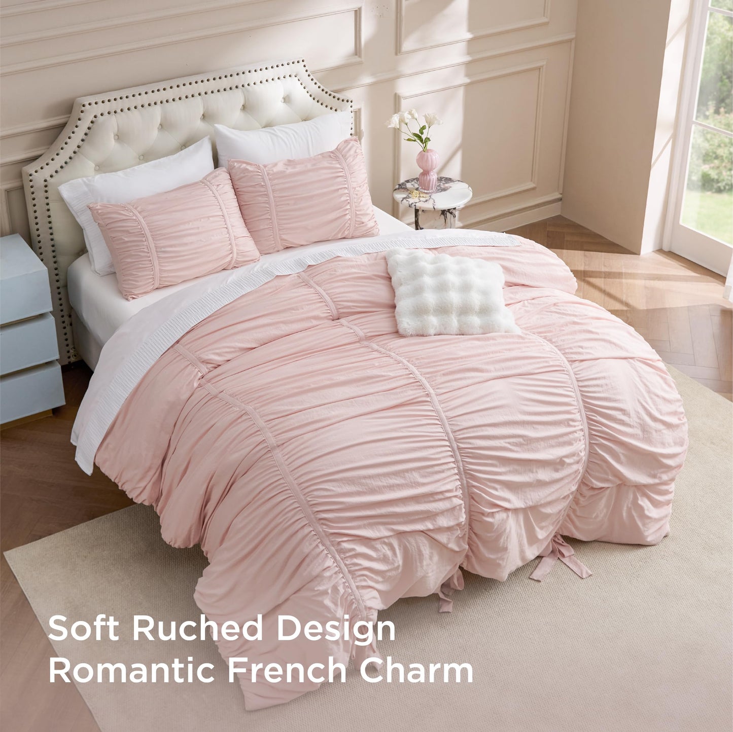 Bedsure Ruched Comforter Set with Bow Trim Pink, GentleSoft™ 3 Pieces Bow Bedding Pink Room Decor, King Boho Bedding for Girls Teens Women, 1 Bed Comforter, 2 Pillow Shams, 104x90 Inches