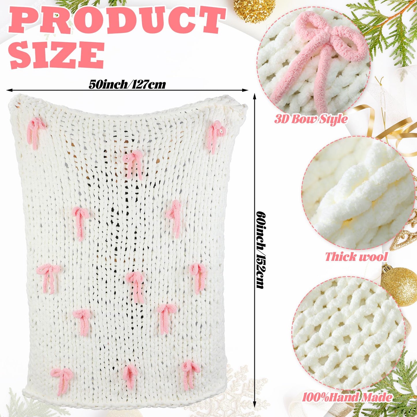 Mindsoft Pink Bow Chunky Knit Blanket Throw Large 50" X 60" 100% Handmade Cream Chenille Loop Yarn Fluffy Soft Knitted Throw Big Cozy Thick Cable Knit Crochet Blanket for Couch Sofa Bed