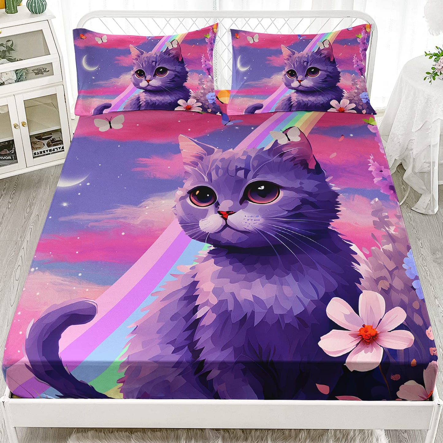 HOSIMA Cat Fitted Sheet Queen Size Rainbow Bedding Set,Kawaii Toddler Sets for Girls Teens Room Decor Aesthetic,Floral Set with 2 Pillowcases, Violet, Queen 60''x80''